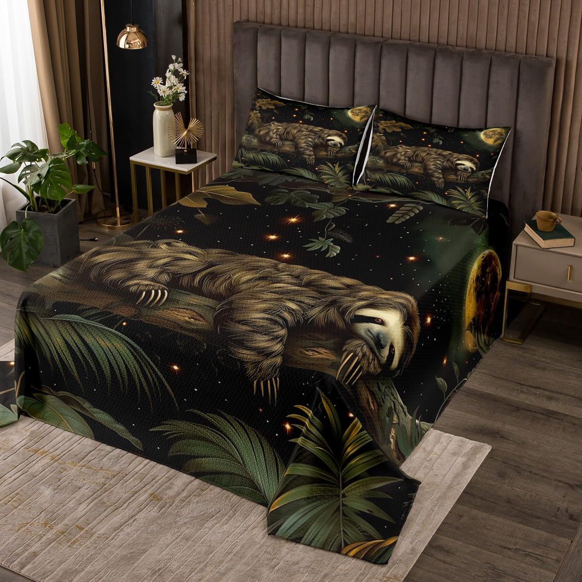 Sloth Quilts Set for Kids,Mystery Jungle Wildlife 3Pcs Bedspread Coverlet Set,Tropical Leaves Animals Bed Cover Set,Watercolor Galaxy Moon Sky Bedspread Coverlet with 2 Pillowshams (Queen Size)