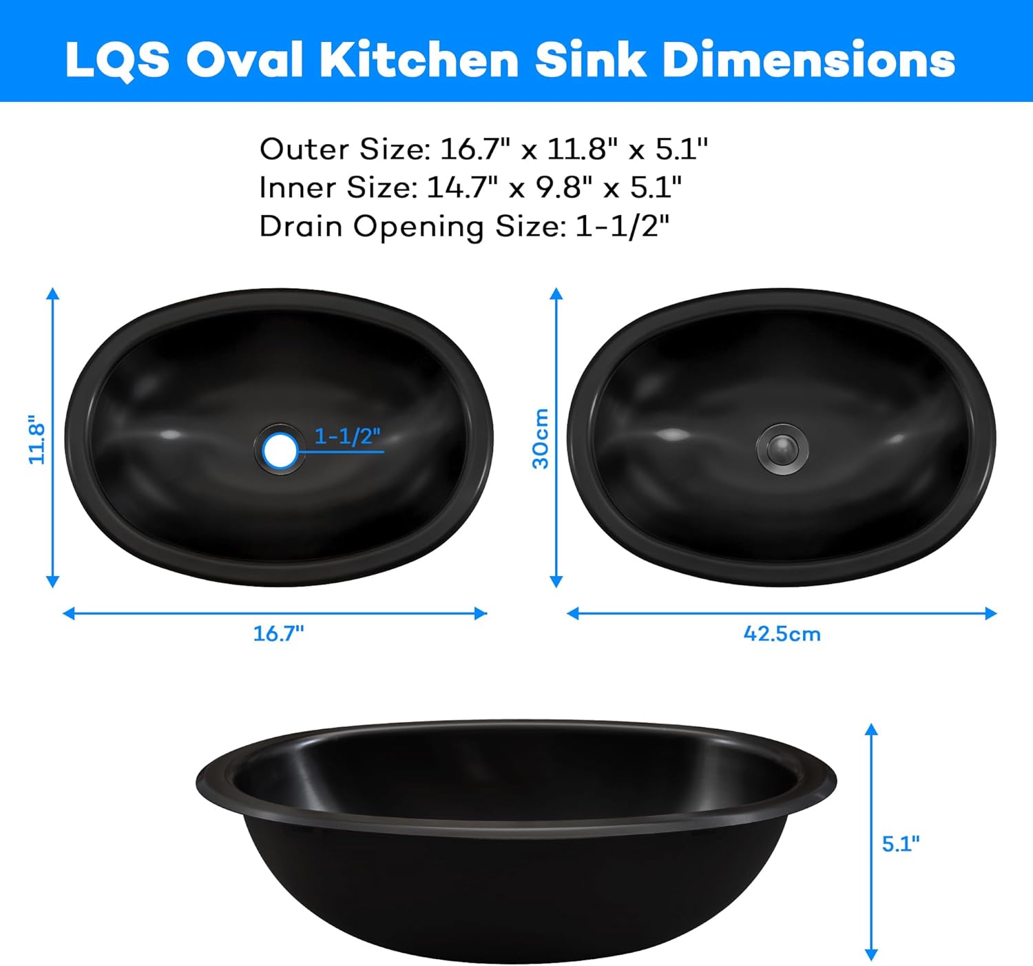 LQS Black Oval RV Kitchen Sinks, 16.73" x 11.81" Small Bathroom Sinks, Stainless Steel Small Sink with Oval RV Kitchen Sink Features, Includes Sink Drain Assembly
