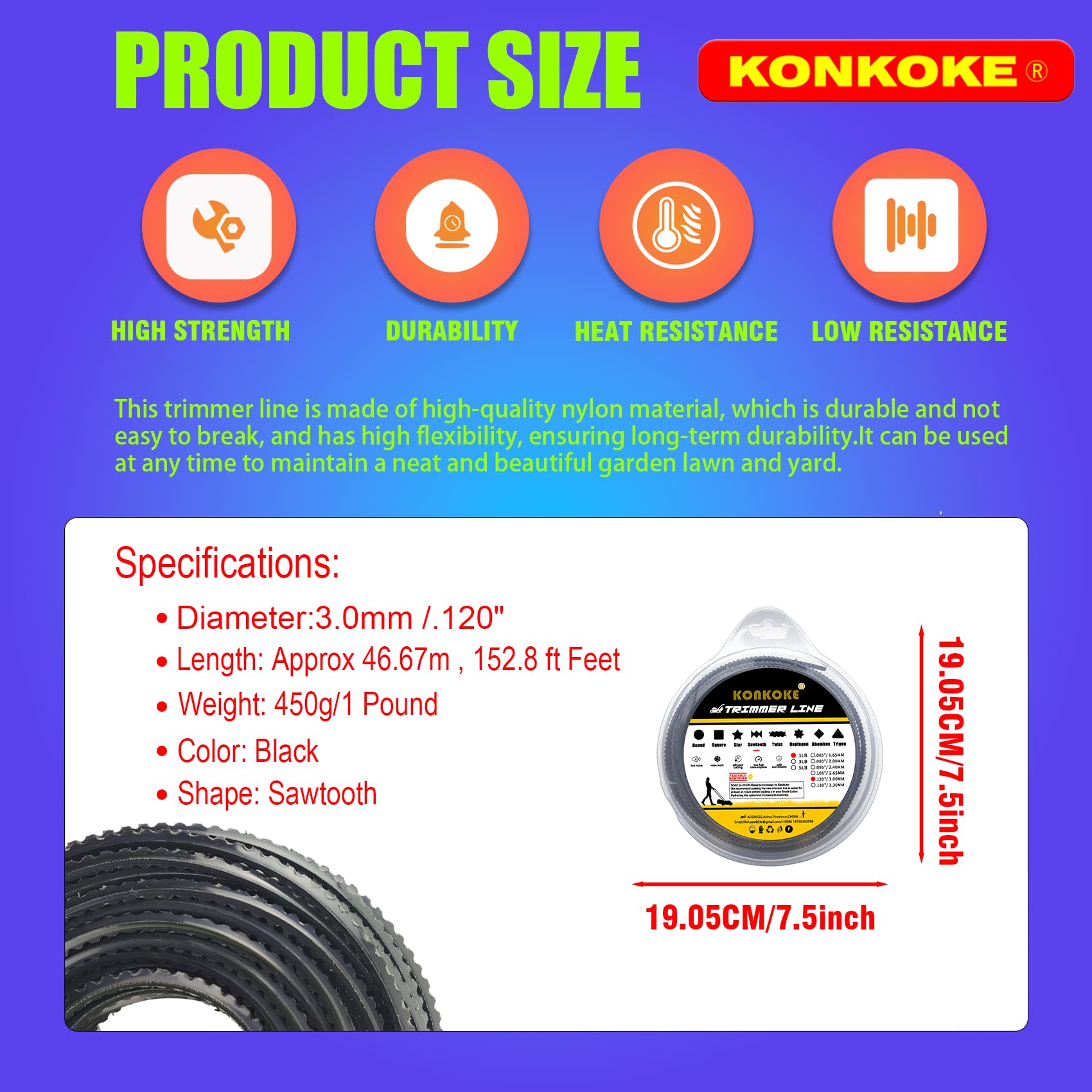 filo decespugliatore 3mm ,filo decespugliatore professionale,Filo dentato Universale in Nylon per decespugliatore e Tosaerba-filo decespugliatore 3 mm seghettato【Nero/Seghettato】 3.0mm-Pro 450g