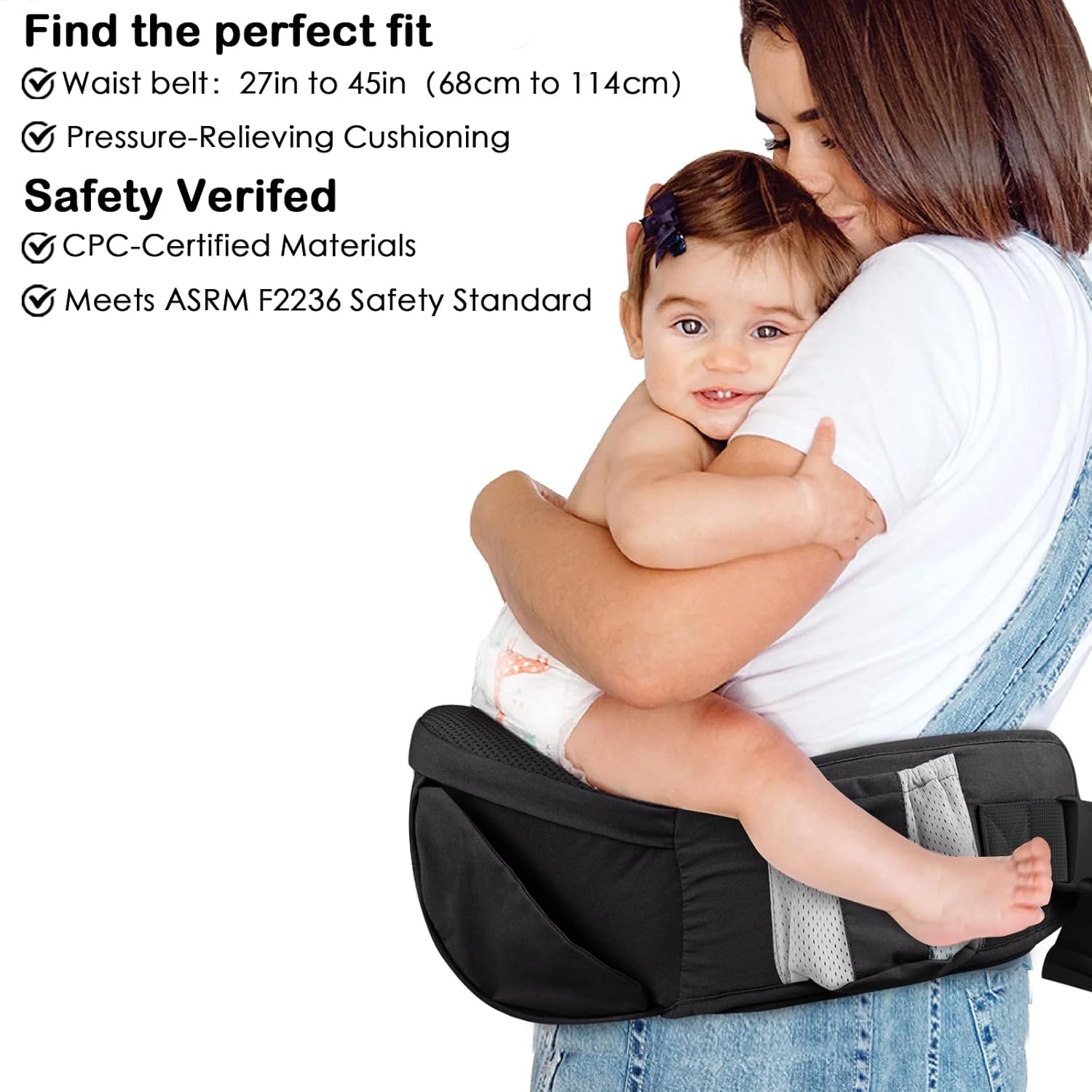 Baby Hip Seat Carrier, Adjustable Waistband with 3D Abdominal Support & Various Pockets Ergonomic Carrier for Newborns to Toddlers up to 33l bs Medium Black