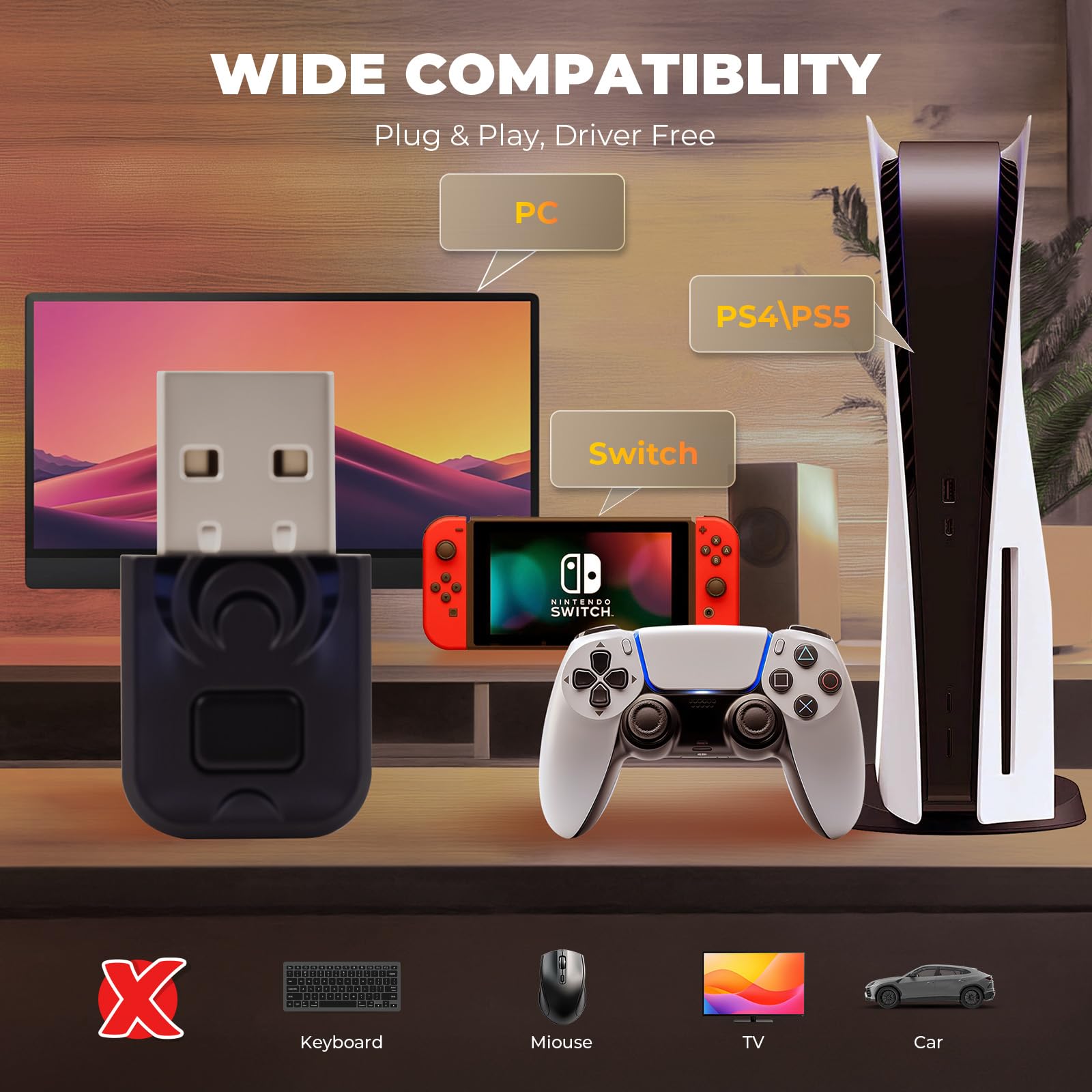 Dongle audio pour PS4 PS5 Switch, adaptateur Aptx, USB-C Bluetooth 5.3, faible latence, facile à utiliser, Plug and Play pour Windows/macOS, clé d'ordinateur portable uniquement audio