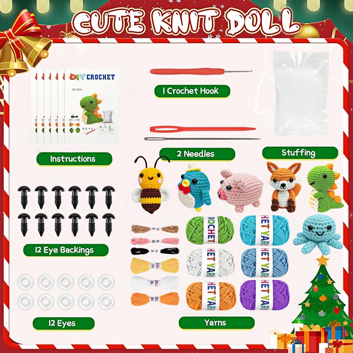 AaiLucky 6Pcs Crochet Kit for Beginners, 2026 DIY Craft for Adults, Christmas Gift for Crochet Lovers, Crocheting Animal Knitting Kit with Step-by-Step Video Tutorials, Yarn, Hook (Animal)