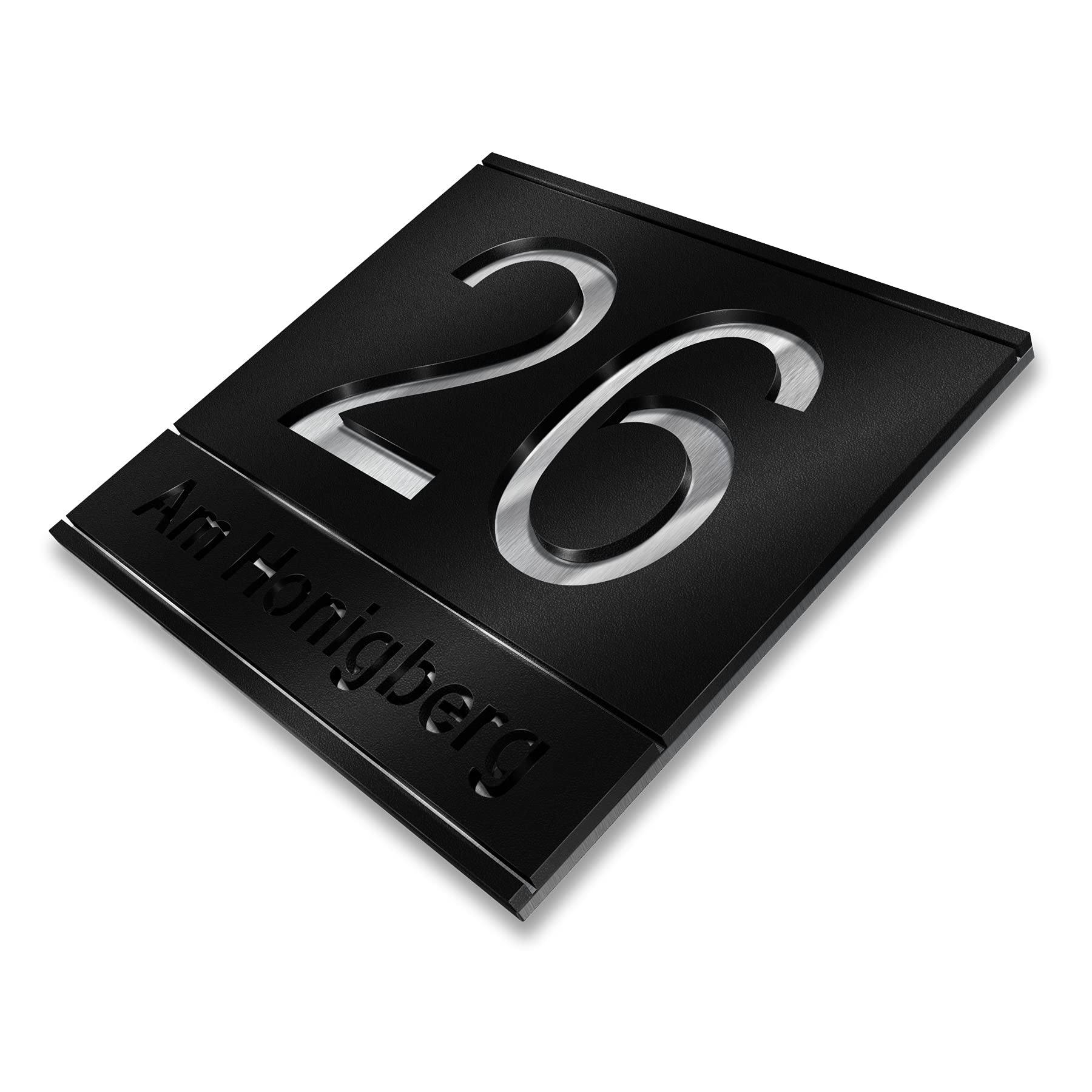 Metzler placa de número de casa en acero inoxidable, número personalizado en negro profundo con número y nombre de calle cortados por láser, inoxidable, efecto 3D, tamaño 38 x 33,7 cm