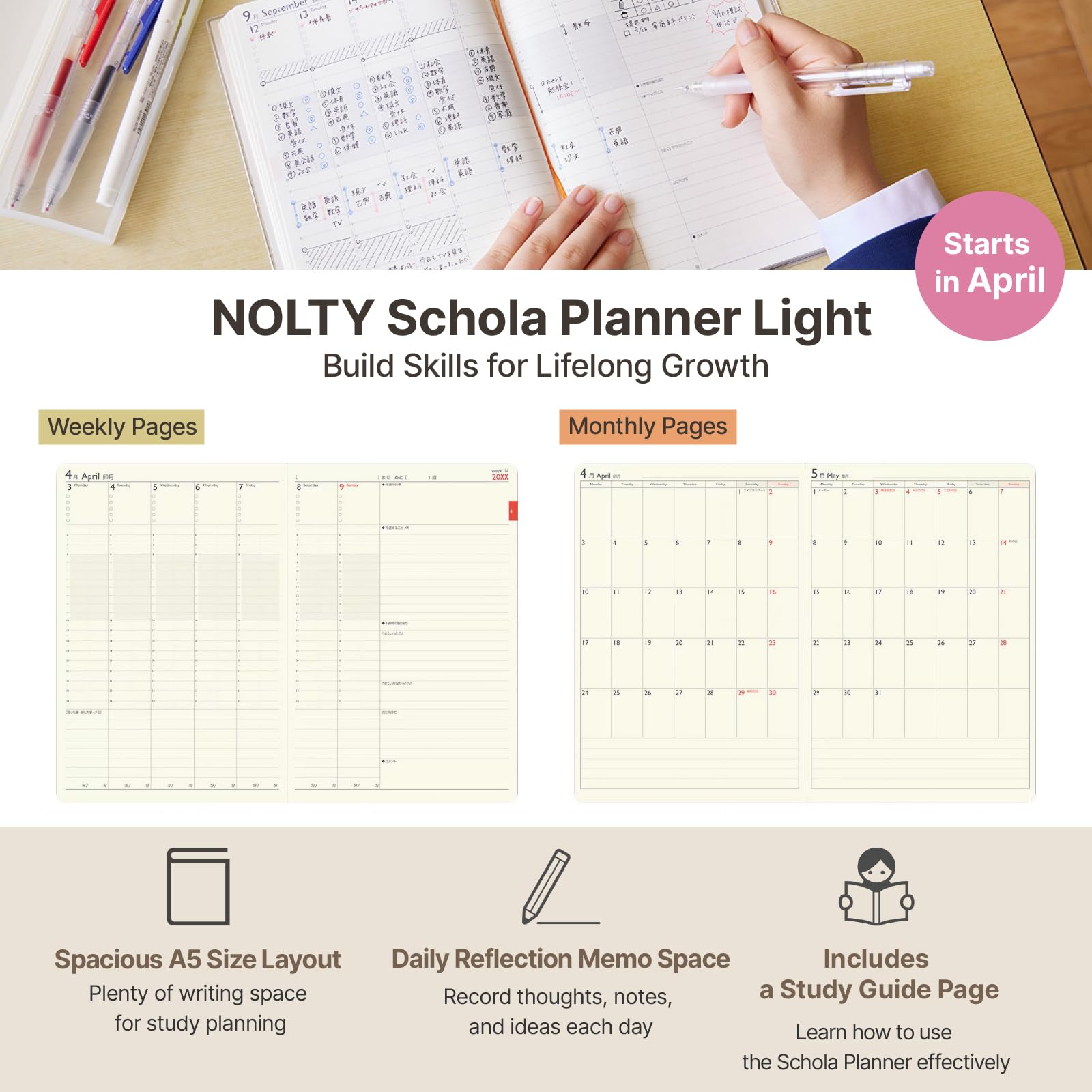 NOLTY Schola Light A5 Wochenplaner 2026 April Start Japanische Ausgabe Elfenbein 2026-9211G