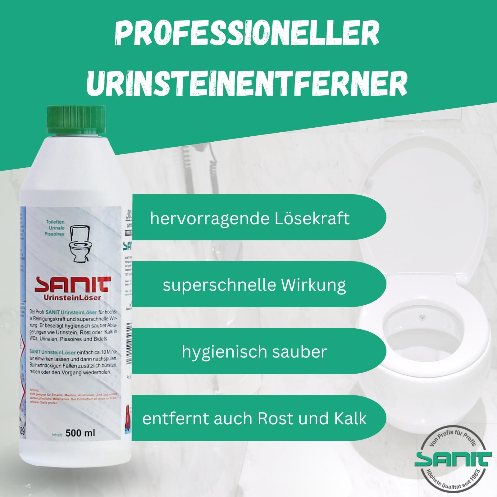 DEWEPRO Set: SANIT Urinsteinlöser 3031-6 Flaschen à 500ml - der Profi WC Reiniger extra stark - Kalklöser - höchste Reinigungskraft, inkl. 1 St. DEWEPRO® Single Scrubs