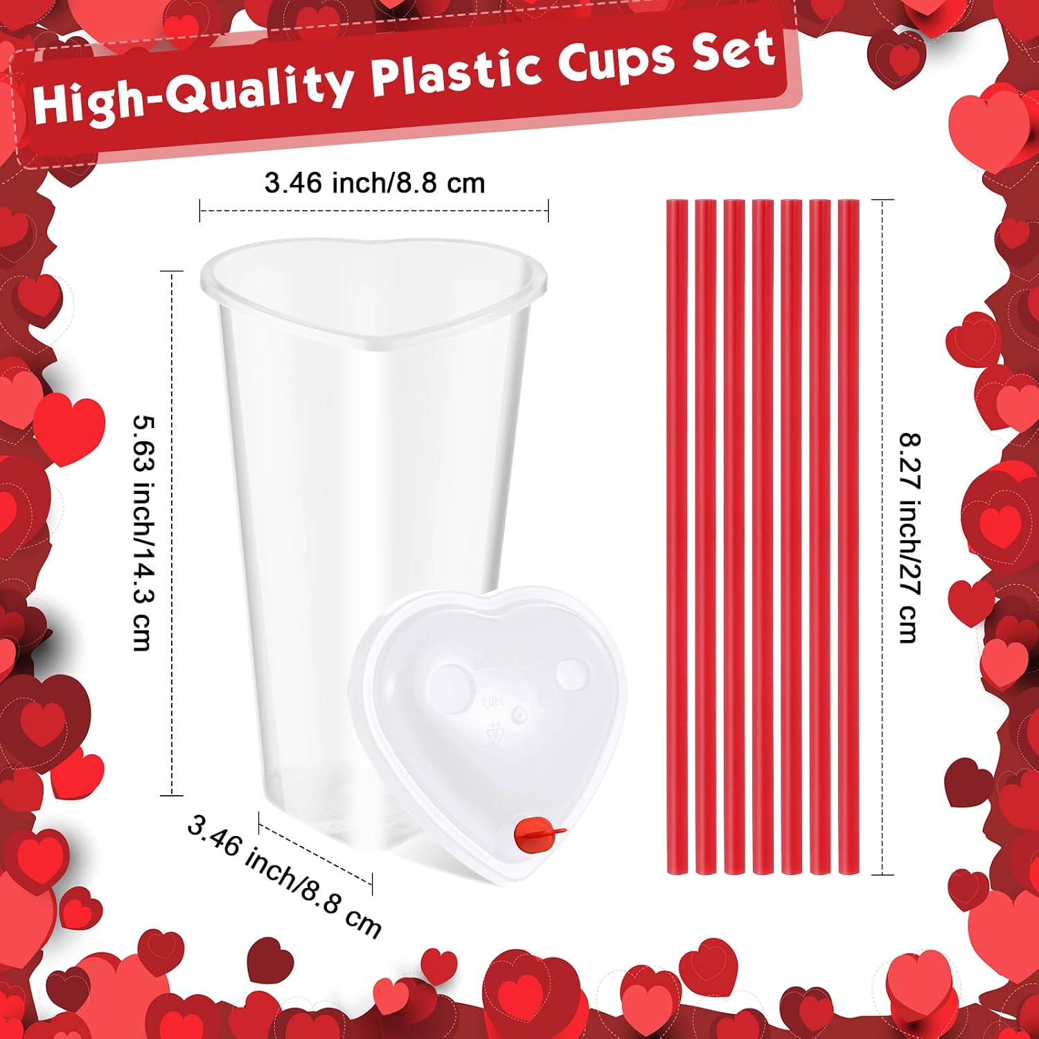 Potchen 60 Sets Heart Shaped Plastic Cups with Straws 16 oz Disposable Cups with Lid and Straws for Valentines Birthday Wedding Anniversary Party Supplies (White and Red)