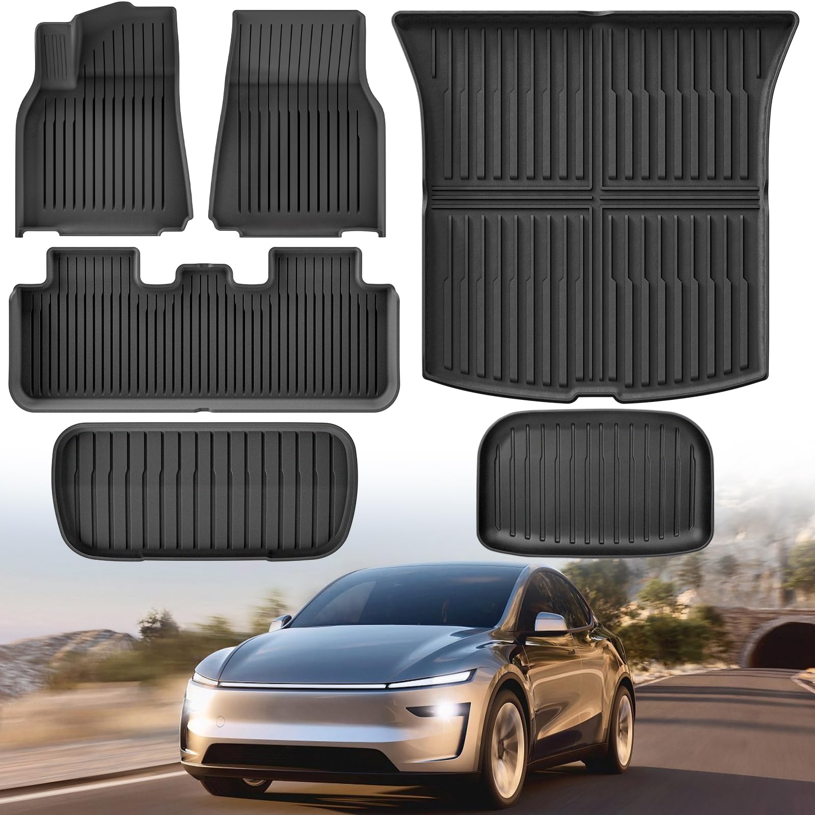 Romswi 2025 2026 New Floor Mats for Tesla Model Y Juniper 5-Seater, All Weather Anti-Slip TPE Waterproof Front & Rear Trunk Mats Cargo Liners Accessories, Set of 6