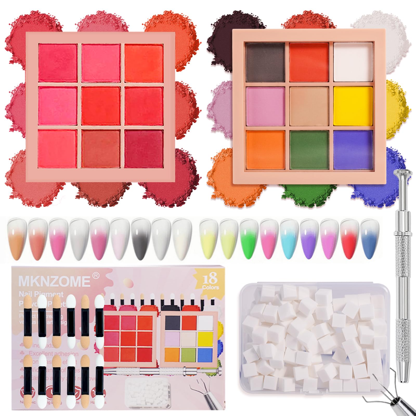MKNZOME 18 Colors Pigment Powder for Nails, Nail Pigment Powder Palette Nail Art Sponges with Grabbing Pen, Pigmentos para Uñas, Manicure Nail Art