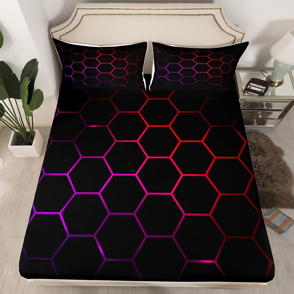 Boys Cartoon Honeycomb Bed Sheet Set Hexagon Bedding Sheets Kids Teens Girls Colorful Grid Art Neon Bedding Fitted Sheet Purple Red Black Bed Cover 3Pcs King Size — image 1