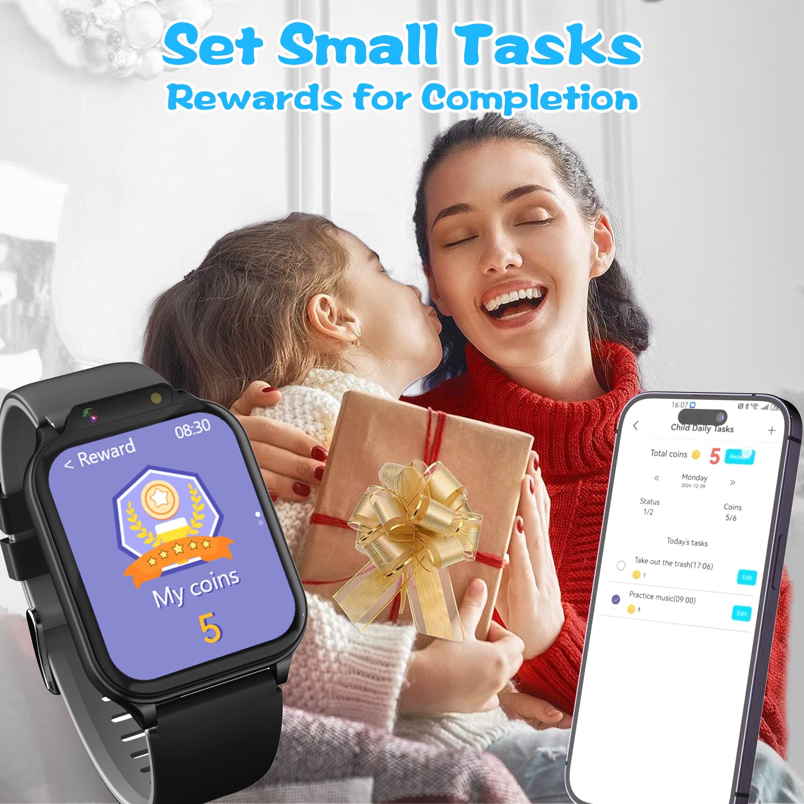 Smart Watch for Kids, 1.85" Fitness Tracker with Heart Rate, Sleep Monitor, IP68 Waterproof Smartwatches with Video Camera Music Player, Pedometer, Game, SOS Button, NO APP/Phone, Gift for Boys Girls.