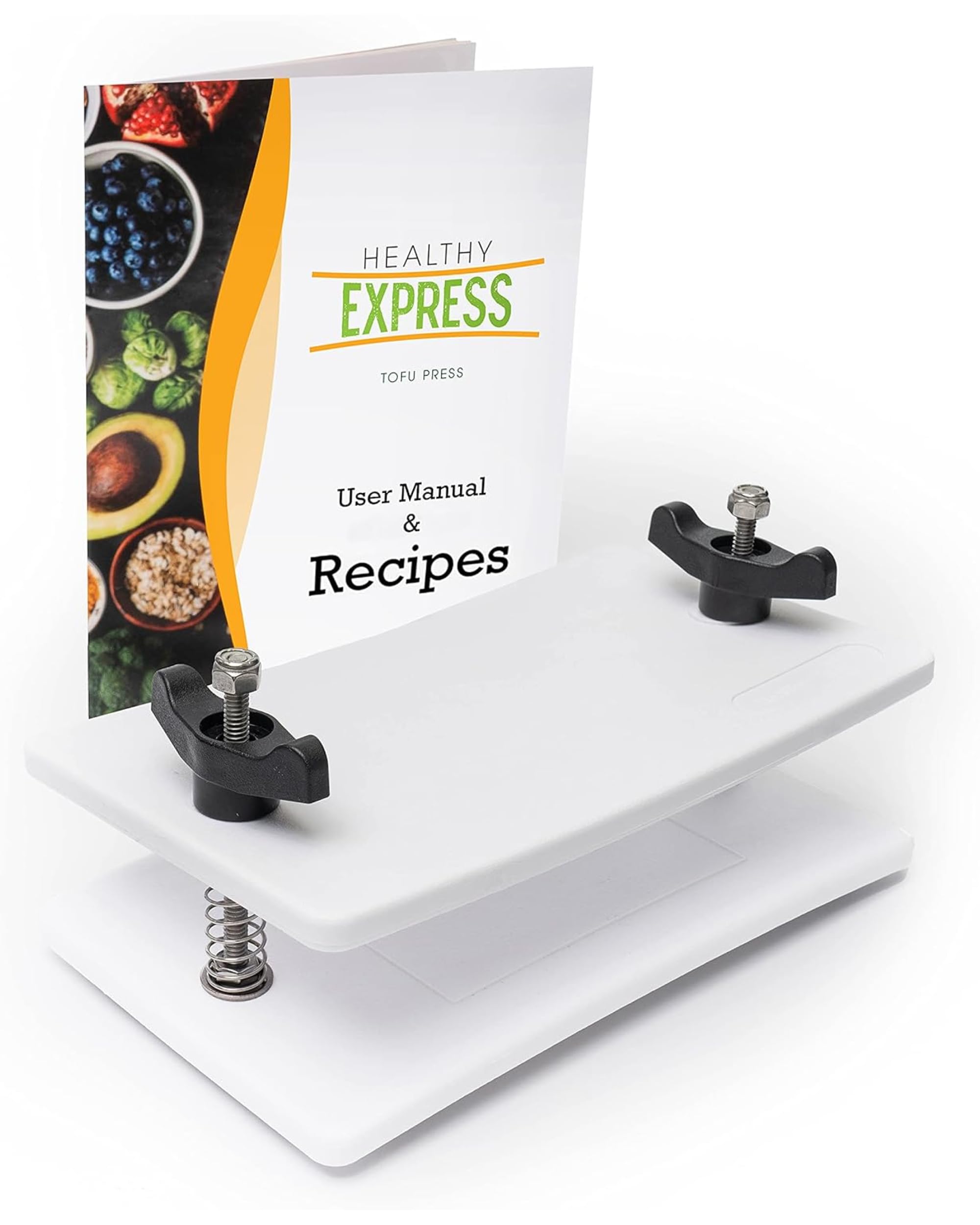 Extra Firm Tofu Press by Healthy Express - Premium Curved Plates for Superior Pressing Results on Firm and Extra Firm Tofu. Healthy Eating is Now Easier. (2-Post/2-Spring)