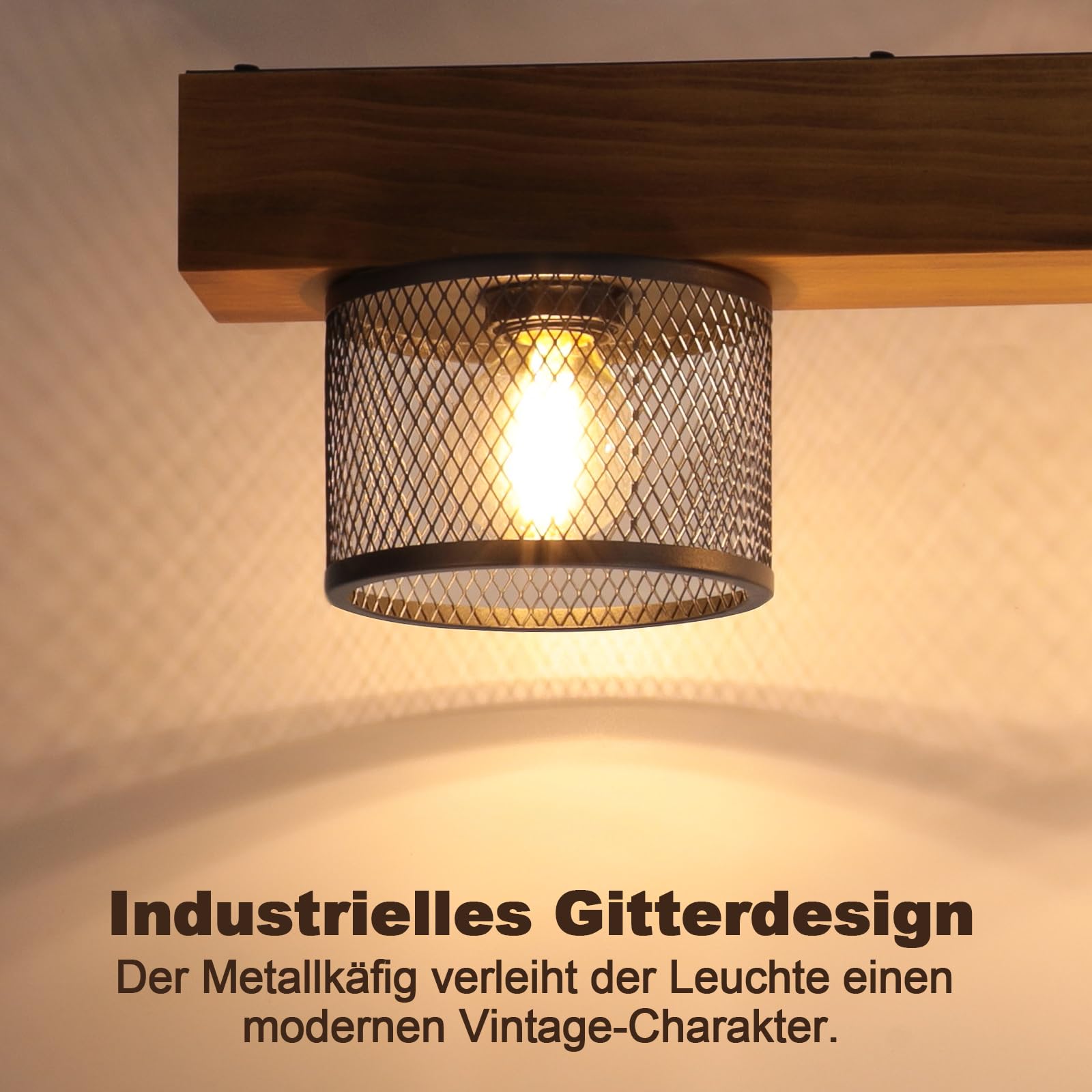 ZMH Deckenlampe Vintage Holz E14 Deckenlampe: Wohnzimmerlampe 3 flammig aus Metall-Gitterschirm im Industrial Design Küchenlampe Decke für Esstisch Wohnzimmer Küche Schlafzimmer (Ohne Leuchtmittel)