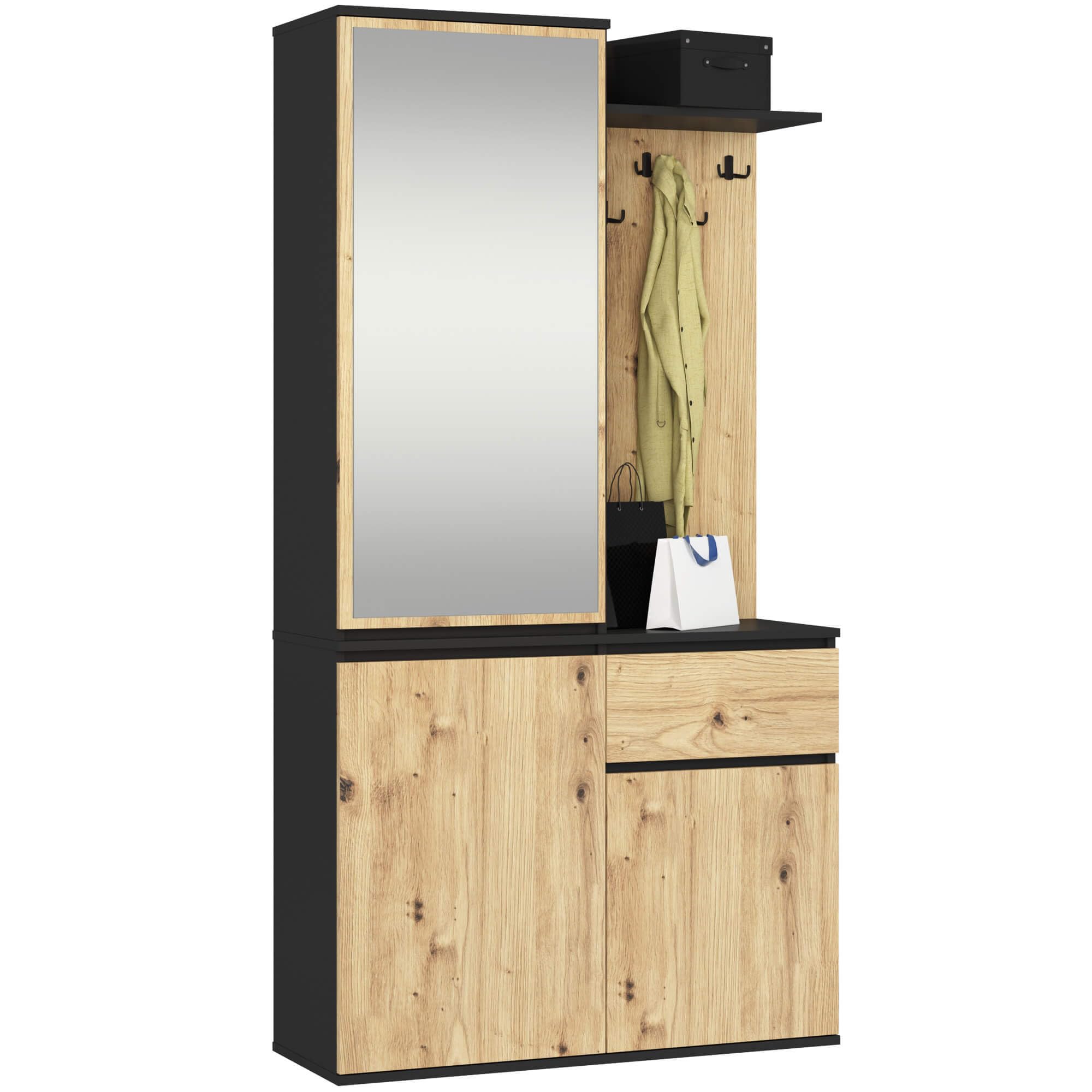 AKORD Ensemble de Vestiaire d'Entrée avec Miroir - 95 cm, 3 Portes, 1 Tiroir, 7 Étagères - Meuble d'Entrée - Optimum pour Petits Espaces - Couloir ou Entrée Étroit - Noir & Chêne-Artisanalal