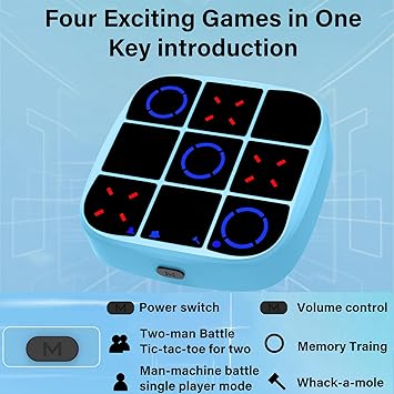 Tic-Tac-Toe Bolt Game, 4-in-1 Handheld Puzzle Games Console, Electronic Tic-Tac-Toe Game for Educational and Memory Growth, Portable Travel Games for Car Ride, Board Games for Kids and Adults (Blue)