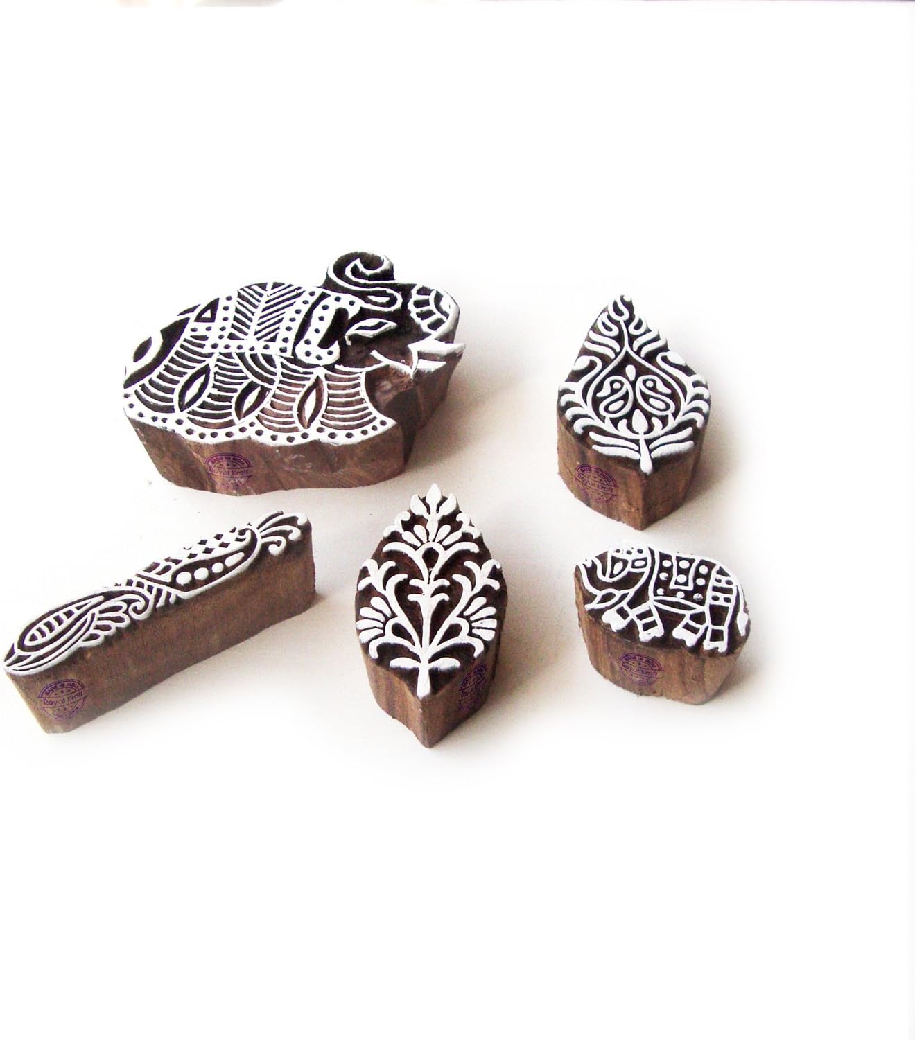 Royal KraftElephant and Floral Jaipuri Designs Wooden Printing Stamps (Set of 5)