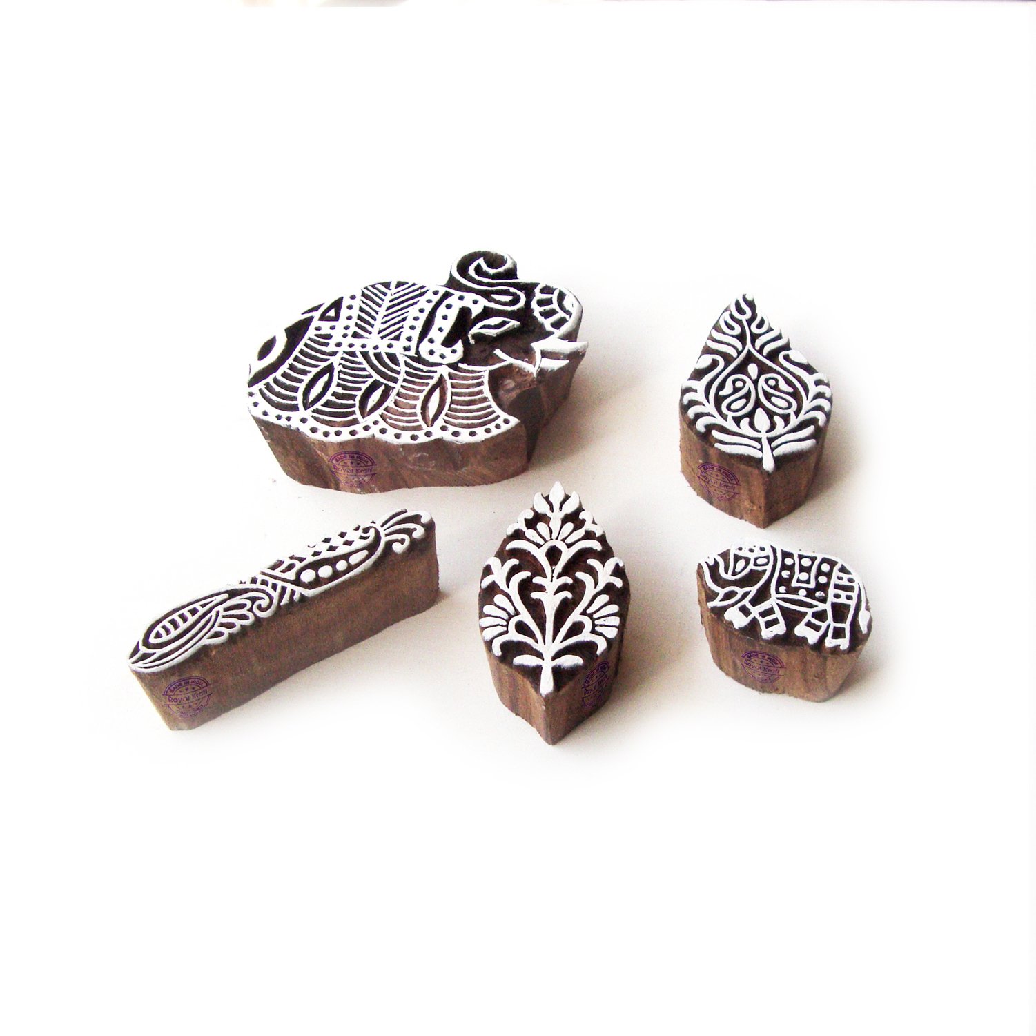 Royal KraftElephant and Floral Jaipuri Designs Wooden Printing Stamps (Set of 5)
