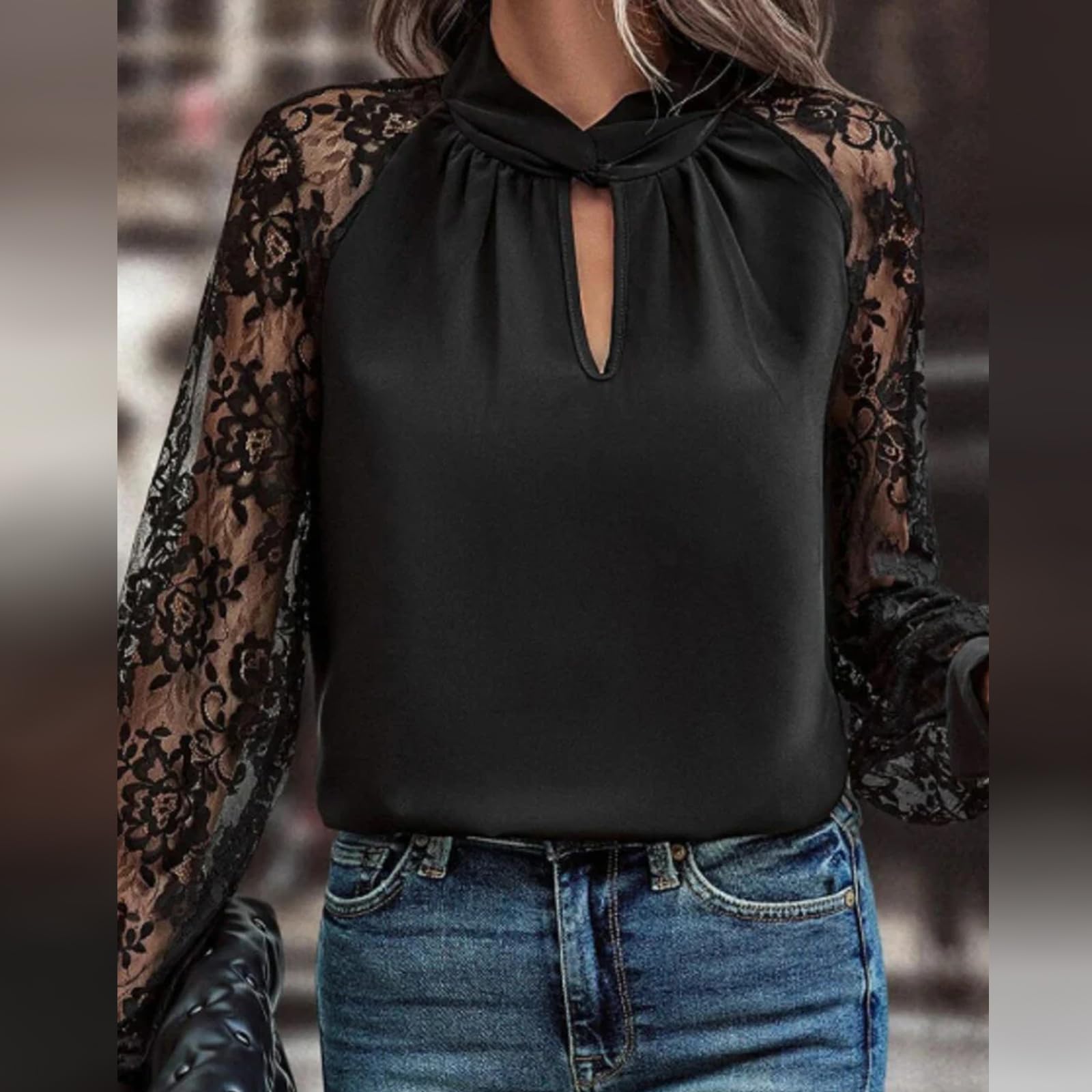 Blusa De Manga Larga con Detalle De Encaje Recortado, Blusa De Malla Transparente con Mangas Largas Y Encaje para Mujer (M,Negro)