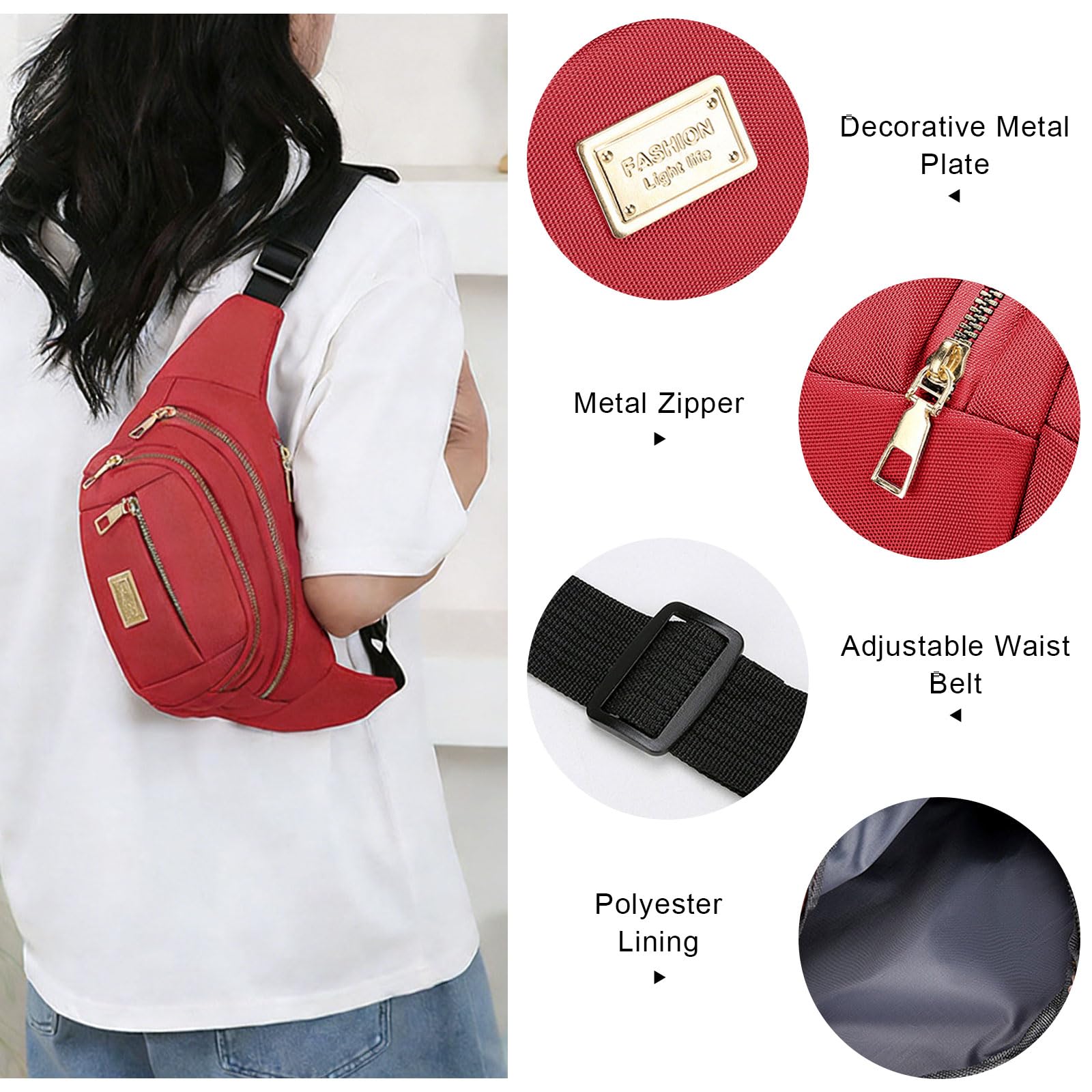 ADUDVLO Bumbags for Ladies Women Men Lightweight Adjustable Bum Bag Fanny Pack with 4 Zipper Pockets,Fashionable Waist Pack for Travel, Running, Hiking, Cycling (Black) — view 9