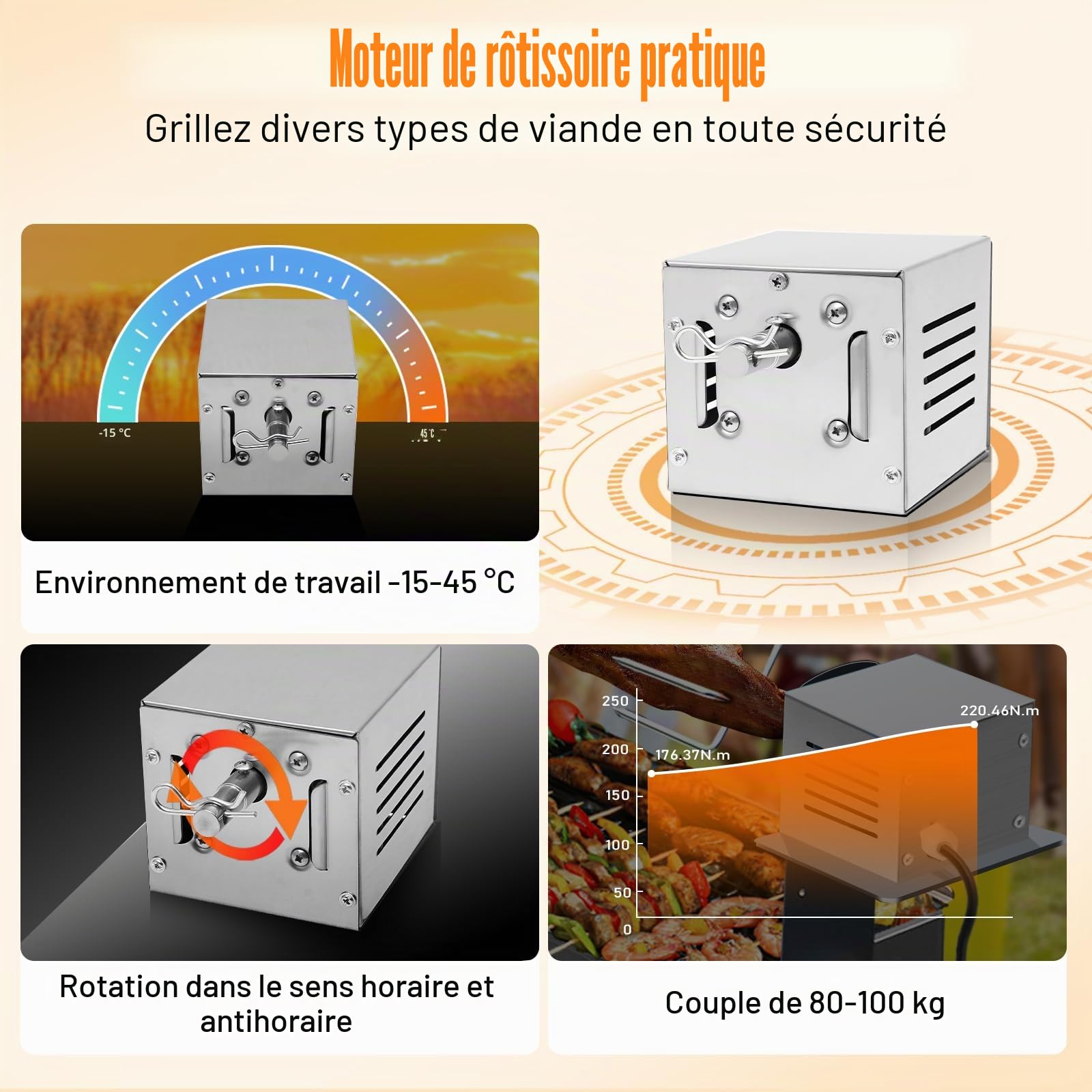 Moteur de barbecue en acier inoxydable 2,5 tr/min, pince à viande pour barbecue, couple max. 100 kg, tournebroche électrique, sens de rotation CW/CCW, accessoire de barbecue en acier