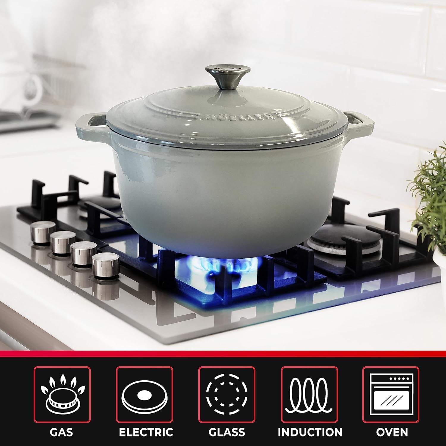 MUELLER HOME 7.5 QT Enameled Cast Iron Dutch Oven, Heavy-Duty, Oven-Safe up to 500° F & Across All Cooktops, Casserole Dish and Braiser Pan with Lid and Stainless Knob, Grey - Image 4