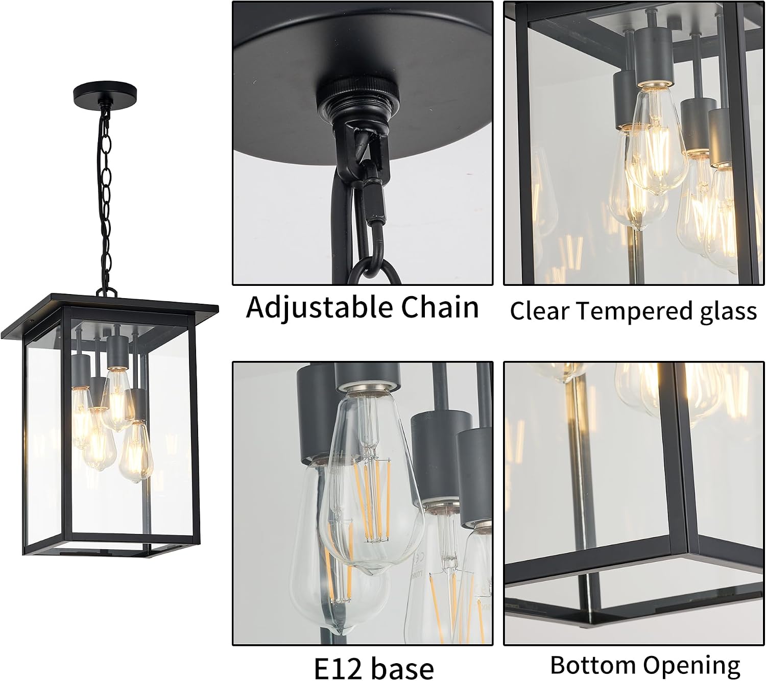 Large Outdoor Pendant Light Fixtures 4-Light Black Exterior Hanging Lantern with Clear Glass Outside Chandelier for Porch Front Door House Front Porch Entrance Foyer Entryway(Bulb Not Included)