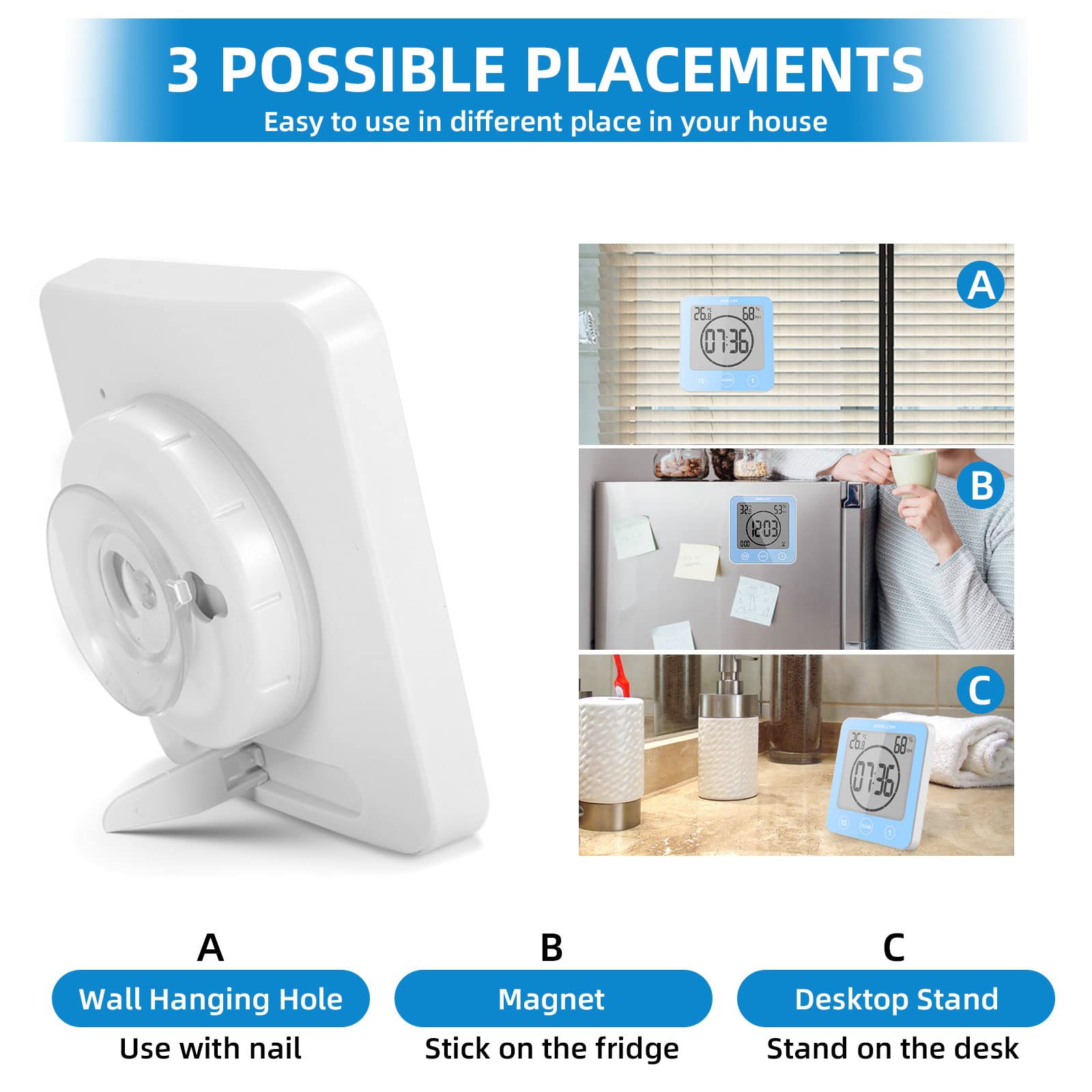 DEECOZY Tendlife - Orologio termoigrometro, orologio da bagno, sveglia digitale LCD, timer per doccia, orologio da bagno portatile con controllo tattile per cucina e bagno