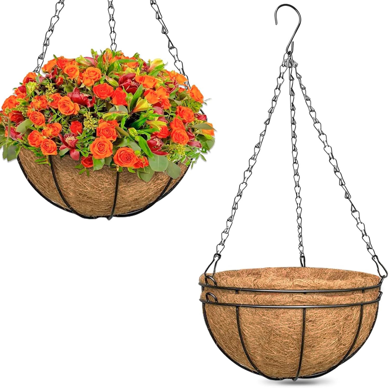 ZeeDix 3 Pack 14 Inch Hanging Baskets for Plants Outdoor Indoor, Metal Hanging Planters Flower Pots with Coco Liners Replacement, Decor Garden Flowers Vegetables Plants