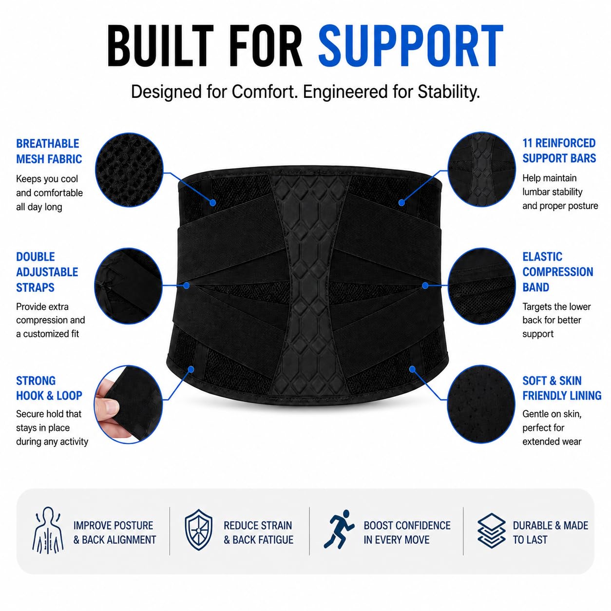 Lumbar Support Belt, 11-Stay Lower Back Brace for Sitting, Office Work, Driving and Lifting, Adjustable Breathable Fit for Men and Women (XL: 42–51 in waist)