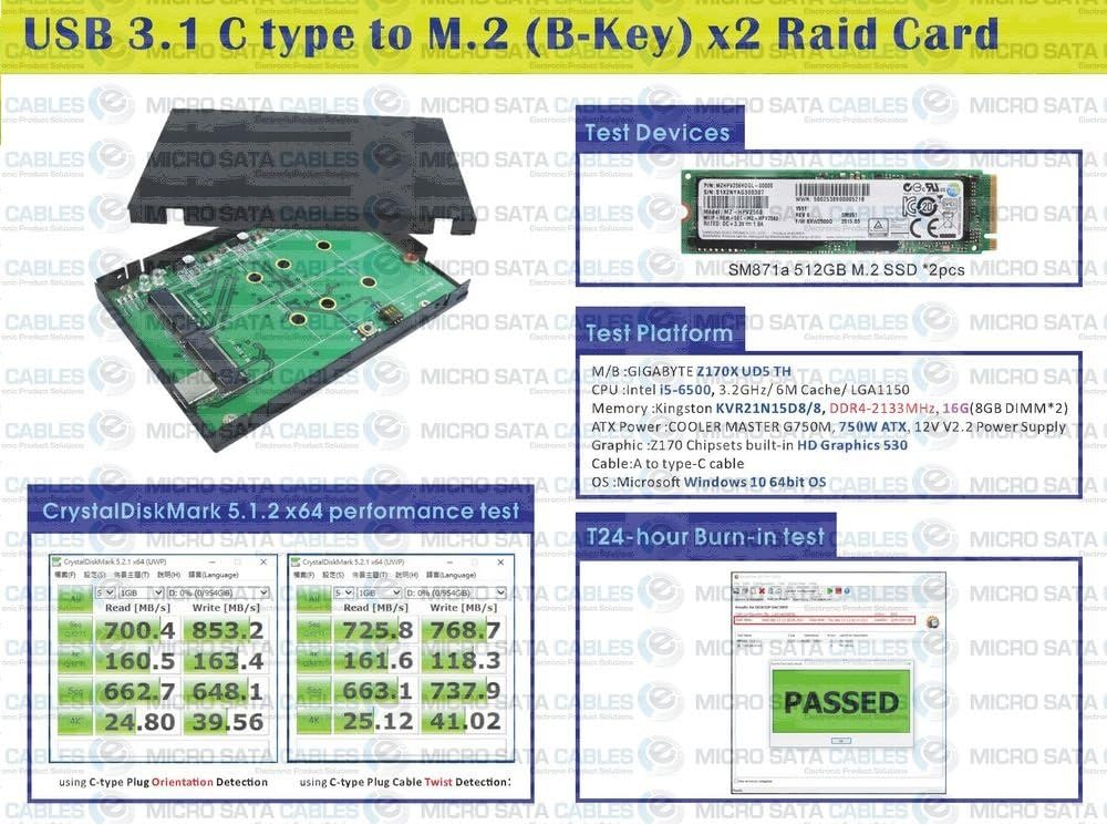 Micro SATA Cables USB 3.1 Gen2/10Gbps C Type to M.2 x 2 RAID Card with C Type to A Cable