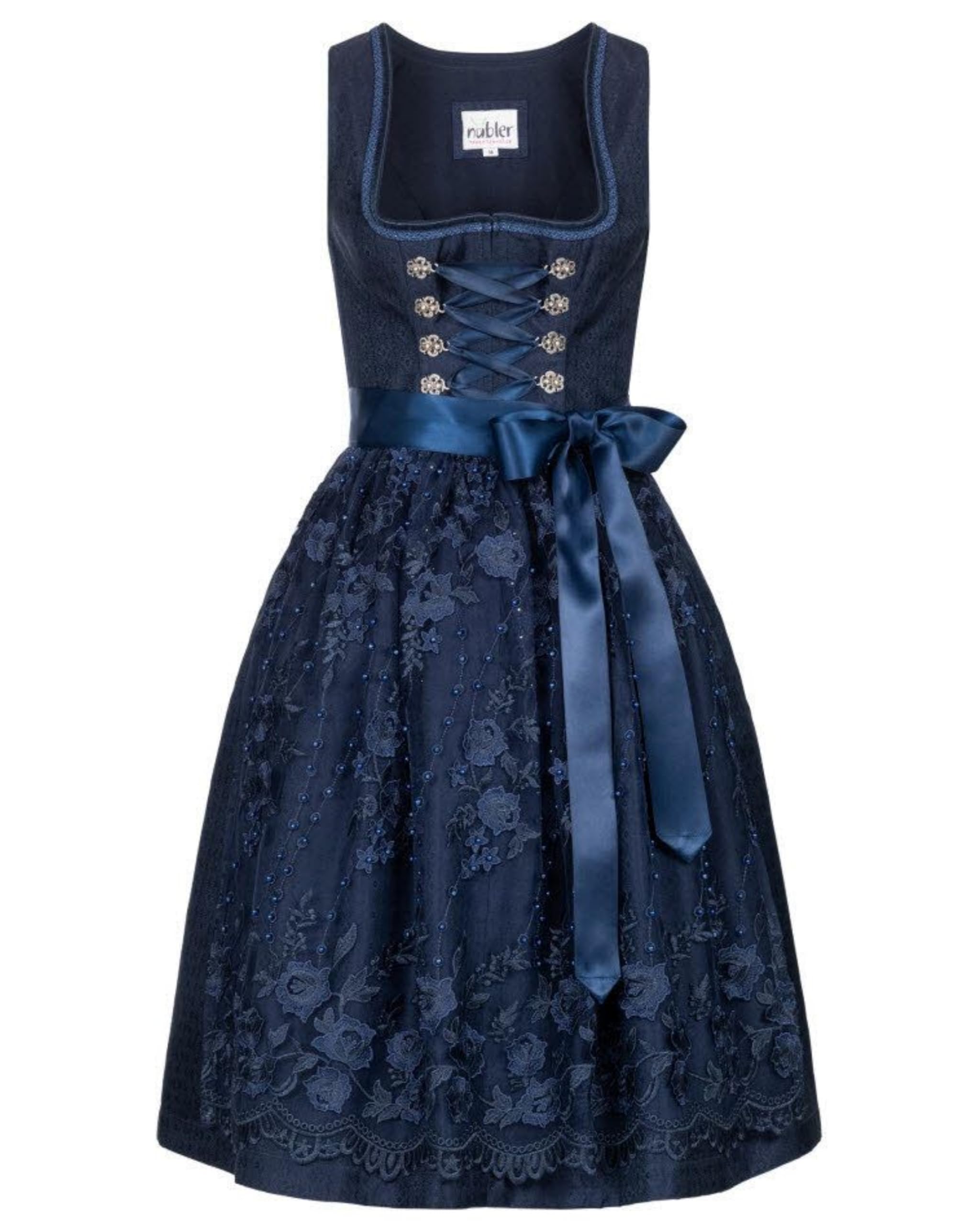 Nübler Damen Dirndl Gloria I Größen 30-48 I Midi-Dirndl mit Rocklänge 60 cm & passender Schürze I Festliches Trachtenkleid mit modernem Schnitt & dezenten Details I Ideal für Trachten & Festlichkeiten