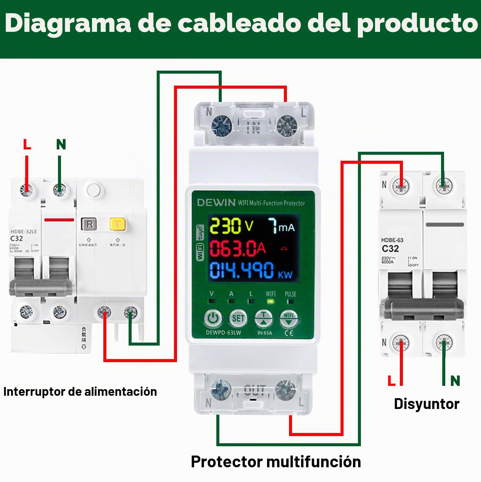WiFi Medidor de Consumo Electrico Monofásico, Contador Electrico Digital 230V CA 63A Medidor de Energía con Control Remoto Tuya APP y Protección contra Sobretensión/Subtensión/Sobrecorriente