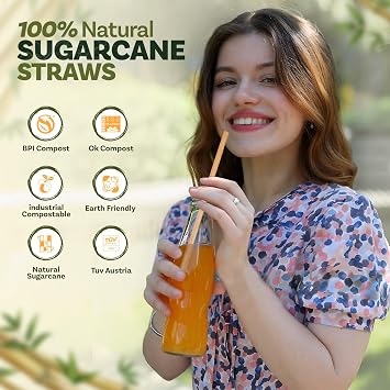 Weemium Sugarcane Straws 300 Pack | 100% Compostable & Biodegradable Straws | Plastic-free & Eco-friendly Drinking Straws