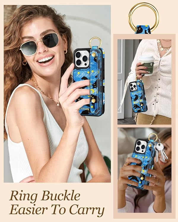 Petitian for iPhone 13 Pro Max Case with Wallet - Women Girls Cute Girly Aesthetic Unique Design Leather Credit Card Holder Cardholder Stand Wristband for iPhone 13 Pro Max, Blue Cat by Petitian - Used condition - Image 6