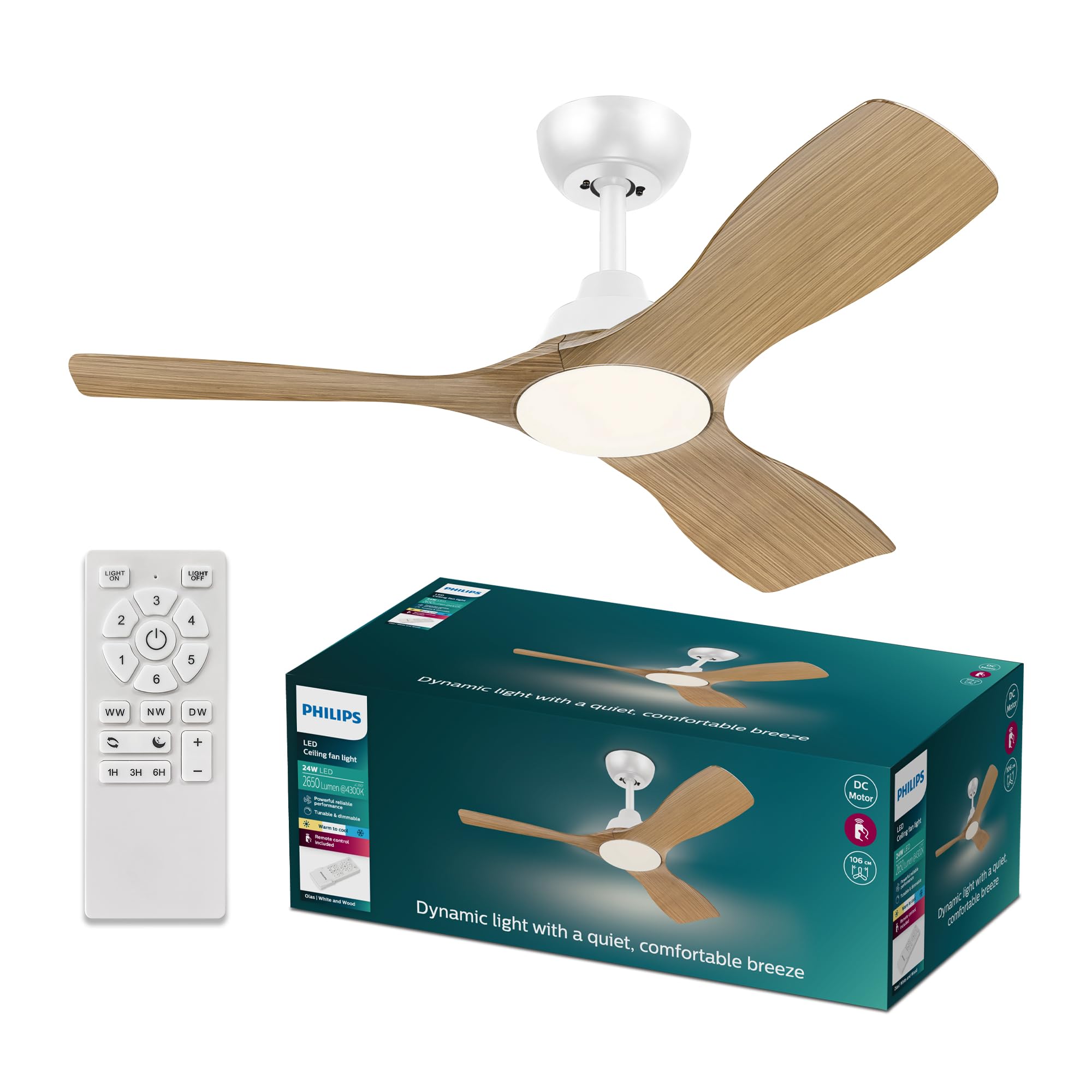 Philips Olas Ceiling Fan, 3 Blades, 24W LED Light, DC Motor, Color Temperature Range (3000K-4300K-6500K) with Dimmable Function, Remote Included, 42",white and wood