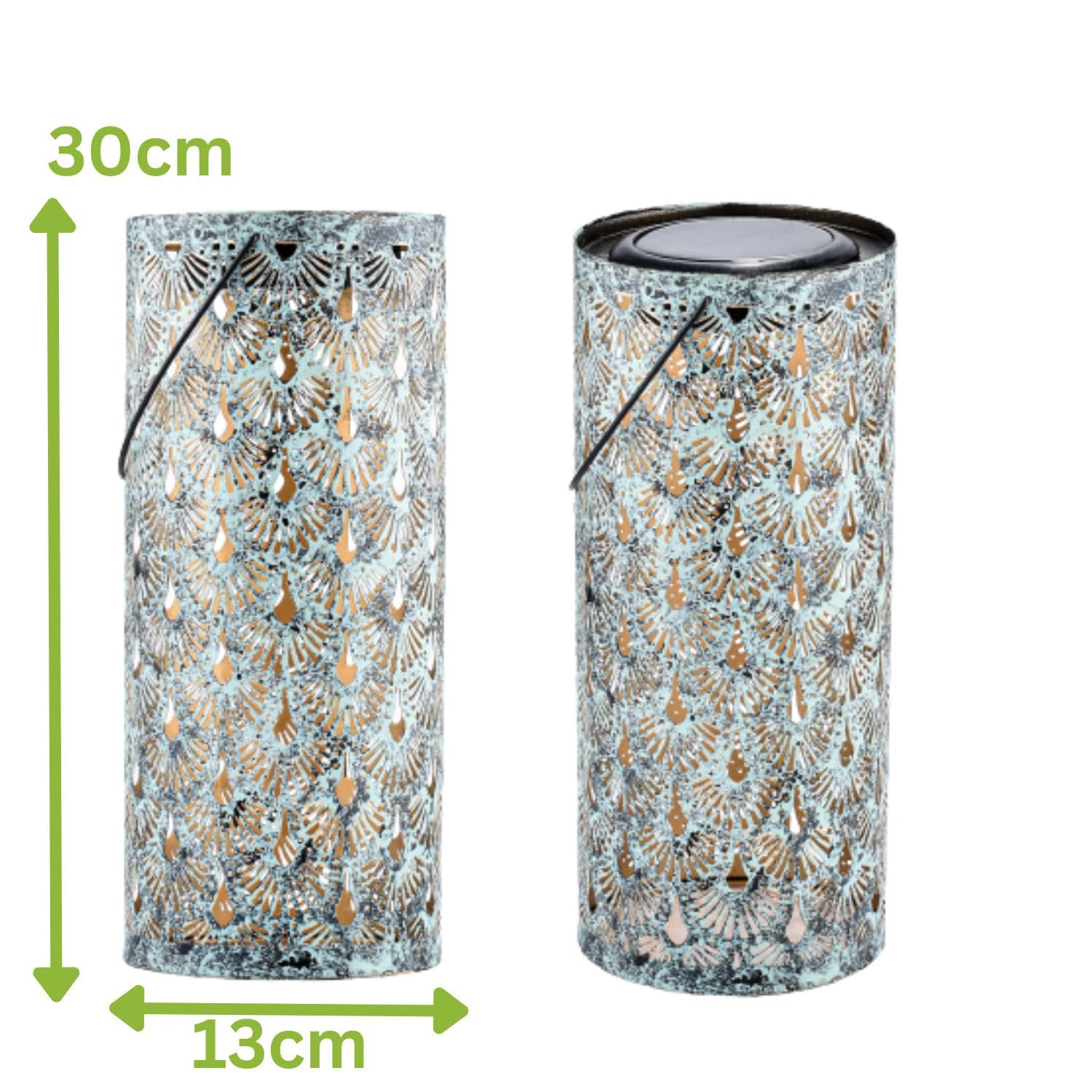 Marrakech zestaw 2 latarni solarnych do użytku na zewnątrz z uchwytem z metalu o wielkości 30 cm | orientalna latarnia solarna LED Fava zielona, IP65, wodoszczelna jako dekoracja ogrodowa
