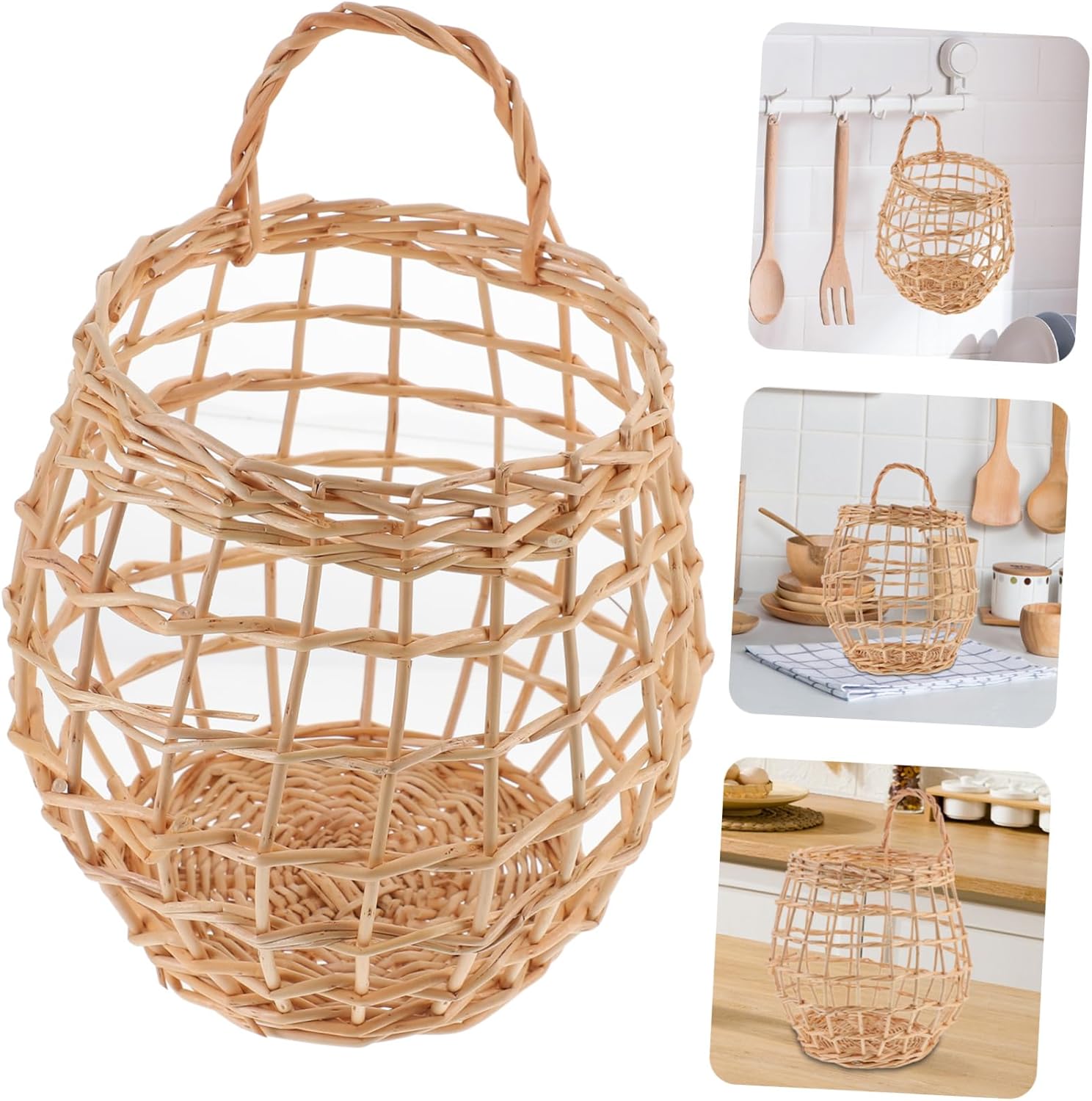 3pcs Hanging Storage Basket for Kitchen Woven Rattan Egg and Garlic Organizer Decorative Flower Basket for Home and Garden Random Indonesian Style