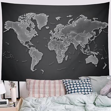 DLERFLOVR Modern Industrial Style Tapestry Wall Hanging - World Map Wall Tapestries Aesthetic Home Decor for Bedroom Living Room Nursery, 150x130 cm, Dark Gray