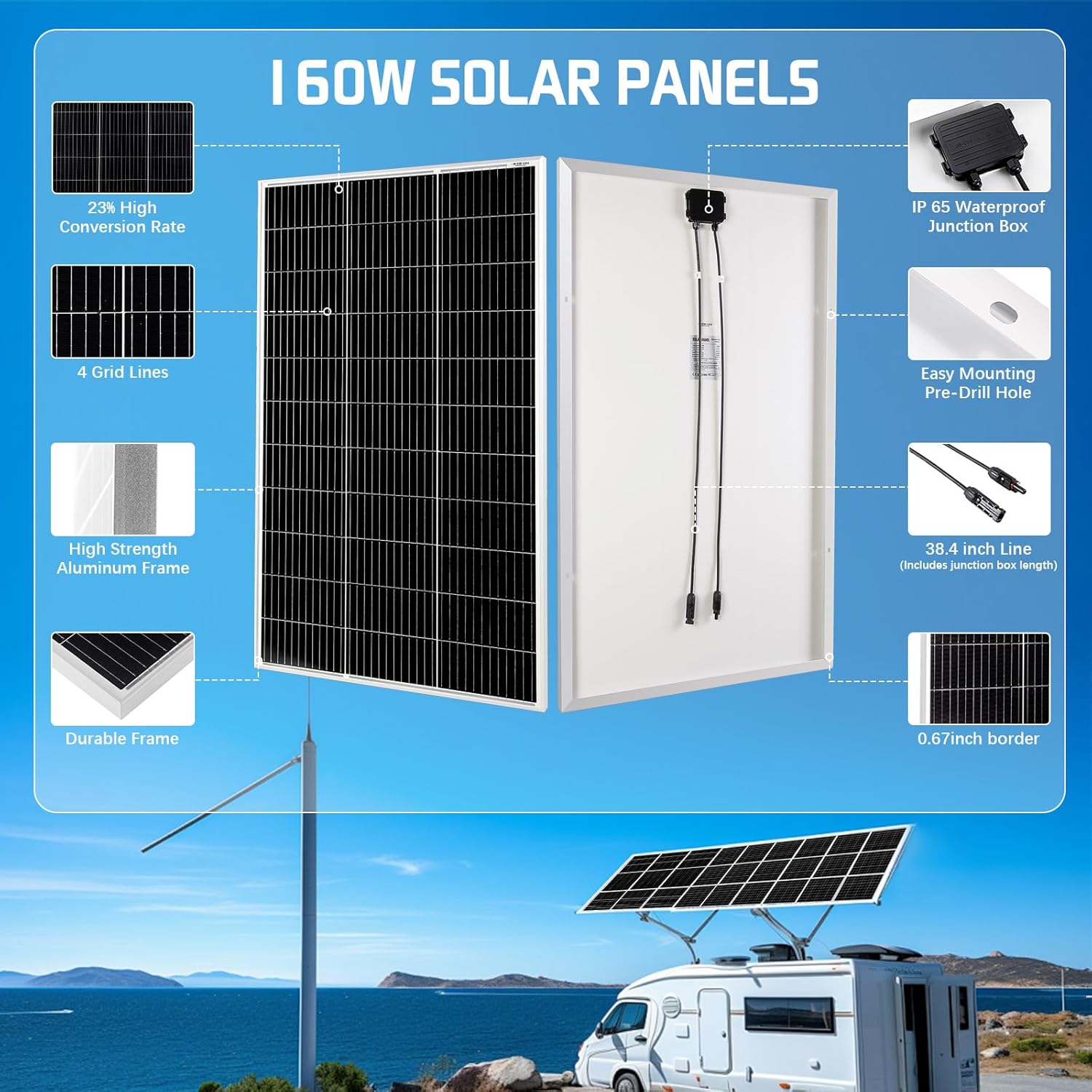 160W 18V Solar Panel, Monocrystalline 160 Watt Solar Panel for RV, High Efficiency IP65 Waterproof PV Module for Marine Farm Battery Rooftop Outdoor Trip and Other Off-Grid Applications