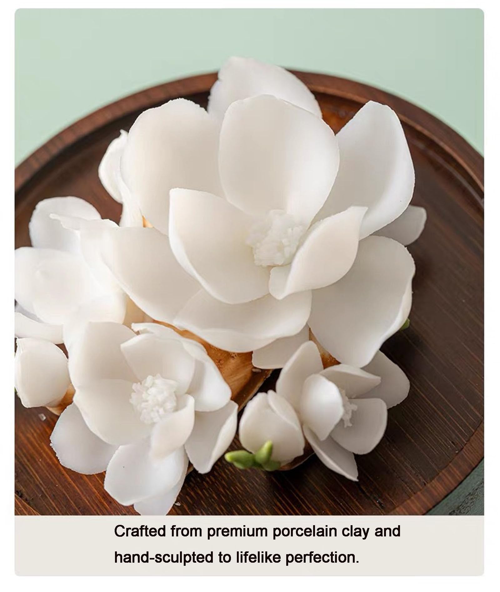 Kwiat Magnolii Ceramiczny Mini Dyfuzor Olejków Eterycznych, Drewniana Paleta | Ręcznie Wykonany Kwiatowy Ceramiczny Nieelektryczny Pasywny Dyfuzor Aromaterapeutyczny,White,13cm | 1