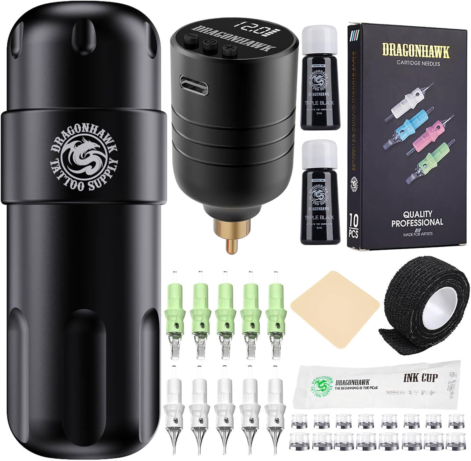 Dragonhawk S8 Tattoo Kit Tattoo Machineset Draadloze batterijpen Maschine Rotary Tattoo Motorpen met cartridges voor tattoo-artiesten