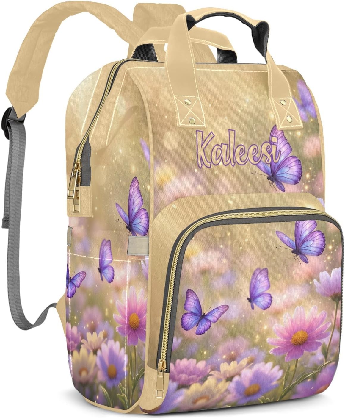 Custom Name Diaper Backpack Butterfly Floral Pattern Daypack Waterproof Nursing Baby Bag with Insulated Pocket for New Mom Dad