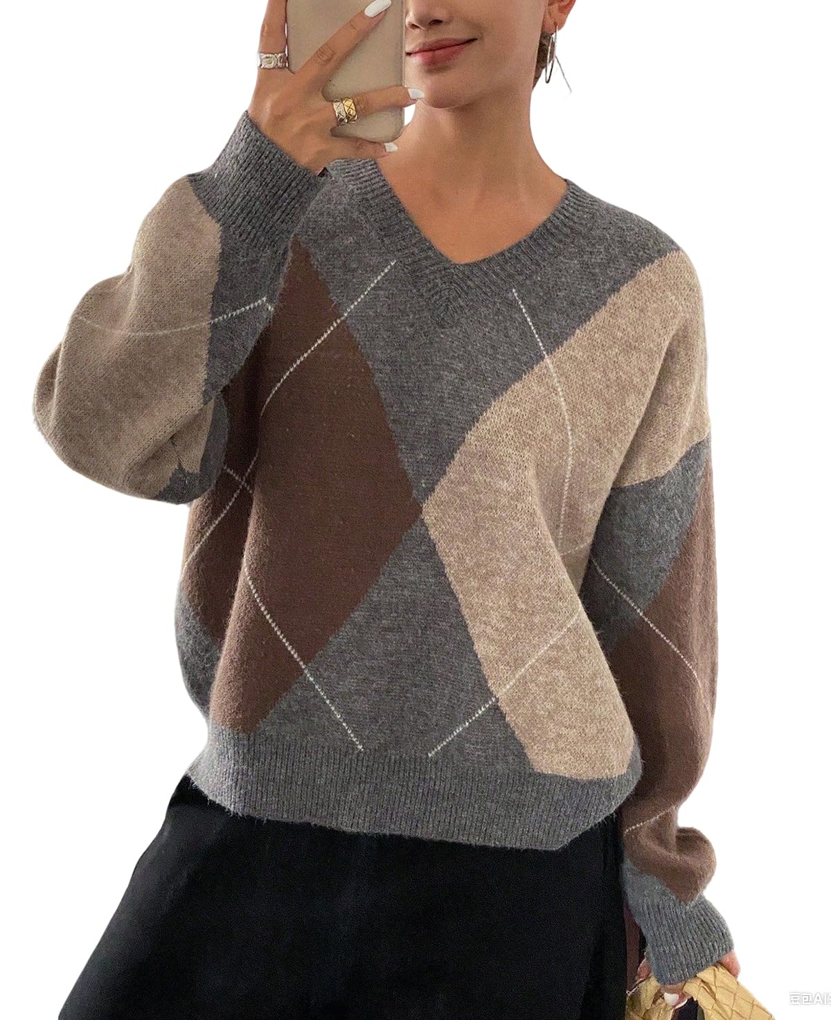 chouyatou Womens 2025 Fall V-Neck Argyle Sweaters Pullover Oversized Chunky Knit Casual Sweater Top