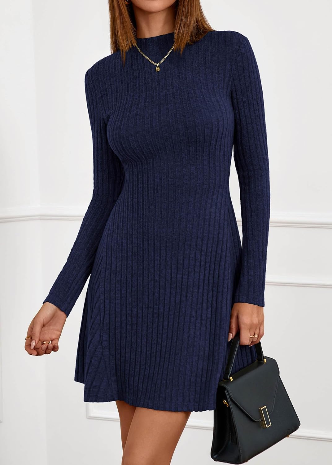 KIRUNDO Sweater Dress for Women 2026 Spring Fall Long Sleeve Mock Turtleneck A Line Fit and Flare Ribbed Knit Short Dresses - Image 3