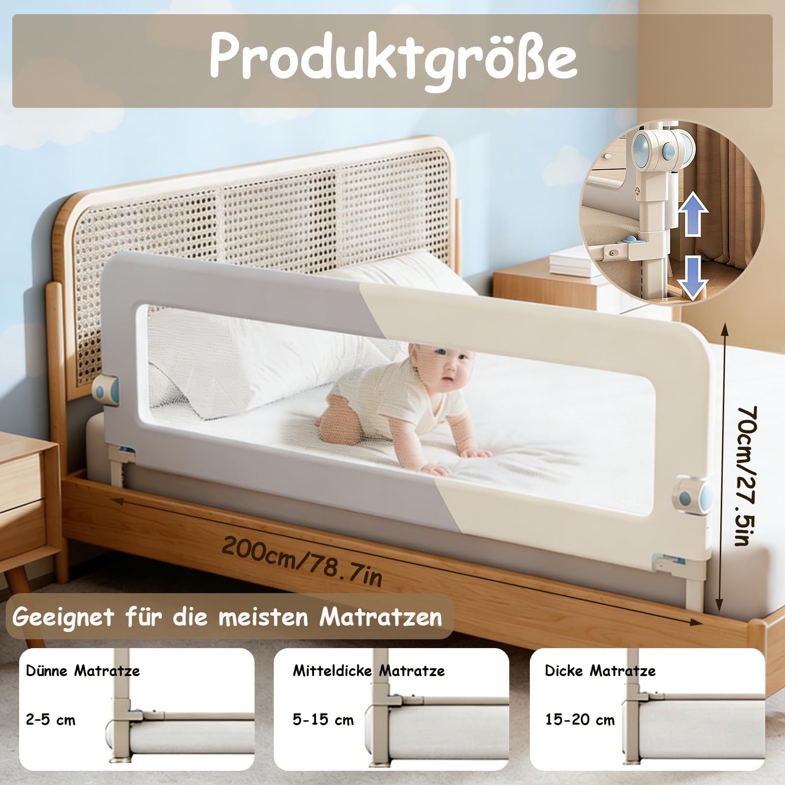 200cm Rausfallschutz Bett, Höhenverstellbar Bettschutzgitter Baby | Rausfallschutz Boxspringbett, Bettgitter Klappbar, Bett Rausfallschutz für Baby und Kinder, Schnelle Montage