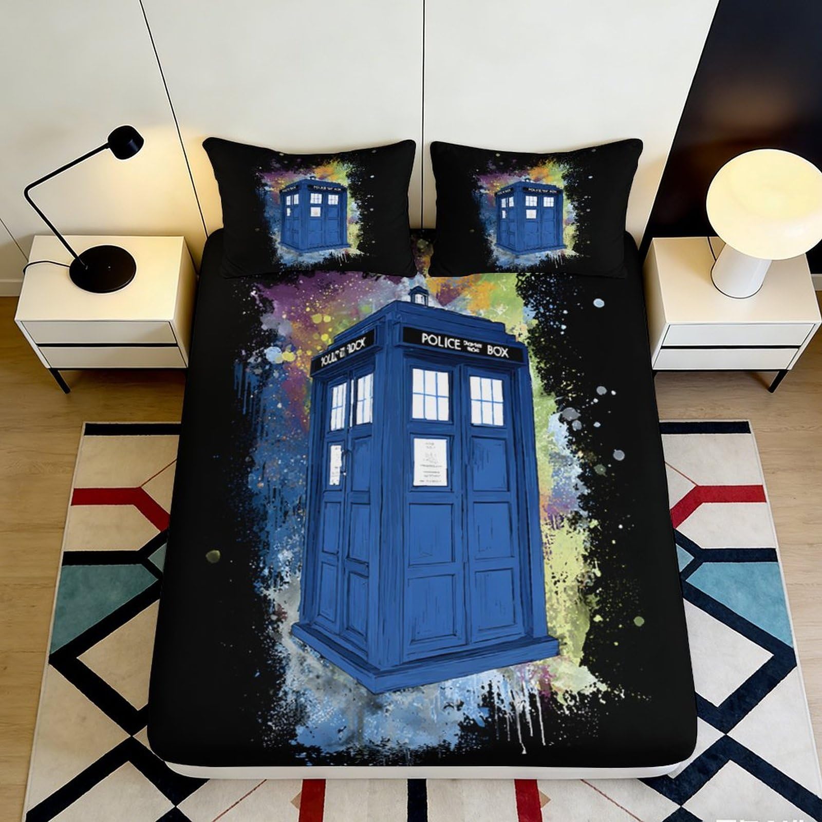 3D Printed Police Box Fitted Sheet Microfiber Soft Durable Space Theme Bed Cover for Bedroom Dormitory Guest Room Mattress Protection Decor 180x200x25cm