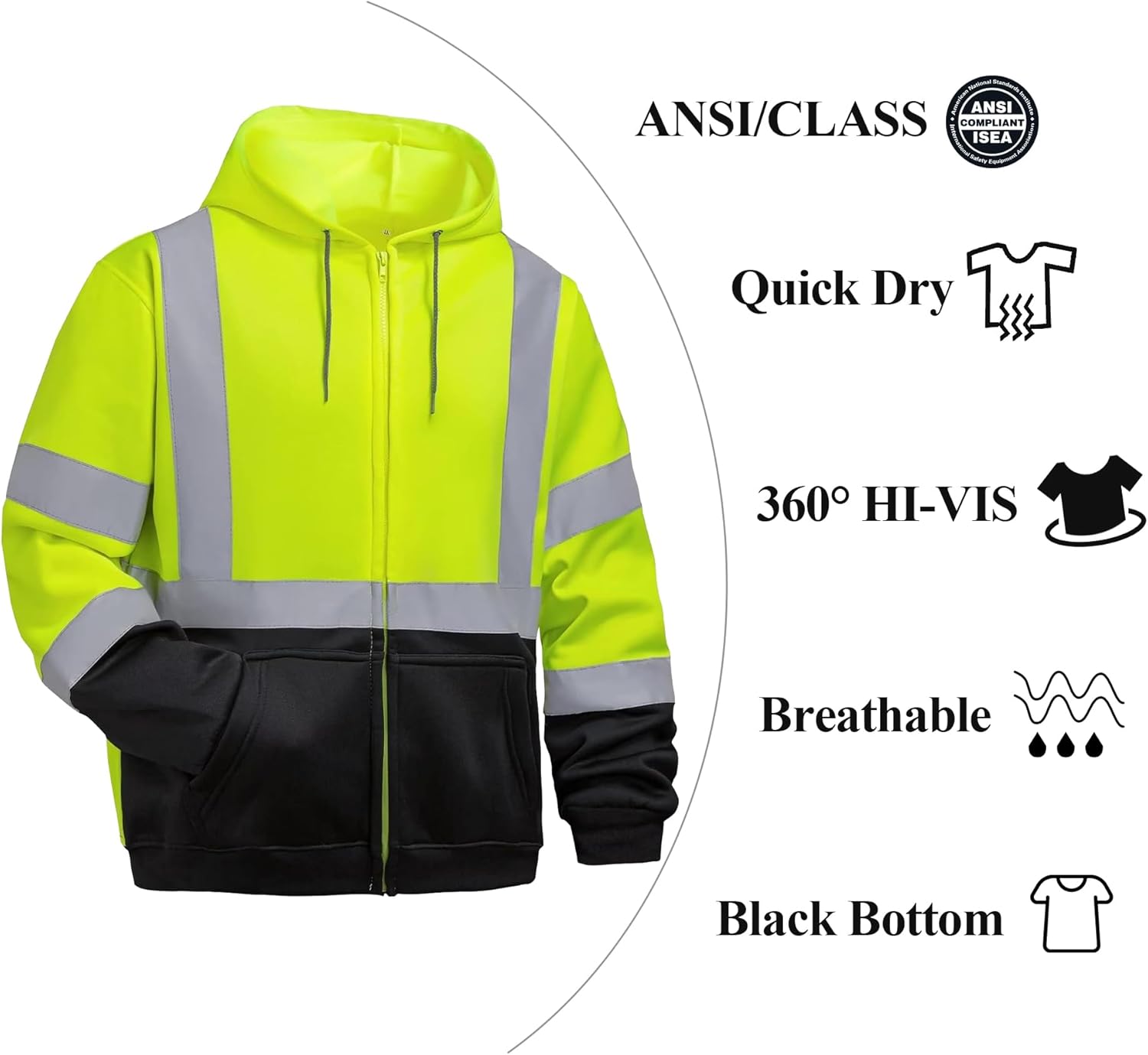 High Visibility Hoodie for Men Class 3 Hi Vis Safety Hoodies Reflective Construction Sweatshirt with Pockets