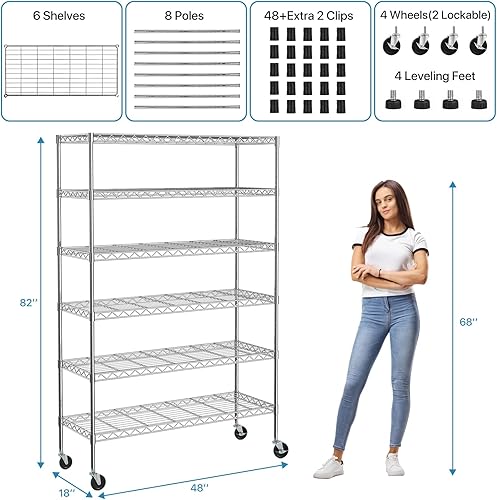Miniatura 4 de Estantería metálica de almacenamiento de 6 niveles de 208.8 cm x 121.92 x 45.72 cm, con ruedas, resistente estante con capa de acero, cromado, para