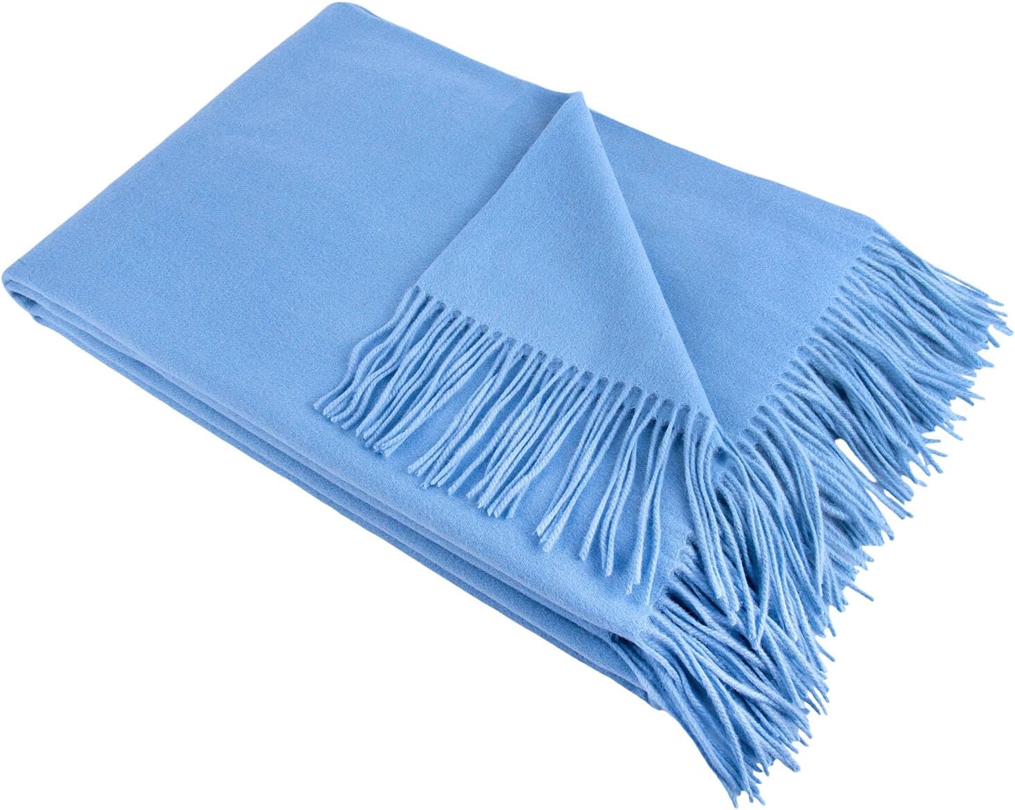 Wool Throw Blanket with Fringe 50x70'' (127x178 cm) Soft Throw Blankets for Couch Sofa or Bed, All Season Blankets & Throws, Lightweight & Breathable (50% Camel Wool, Carolina Blue)
