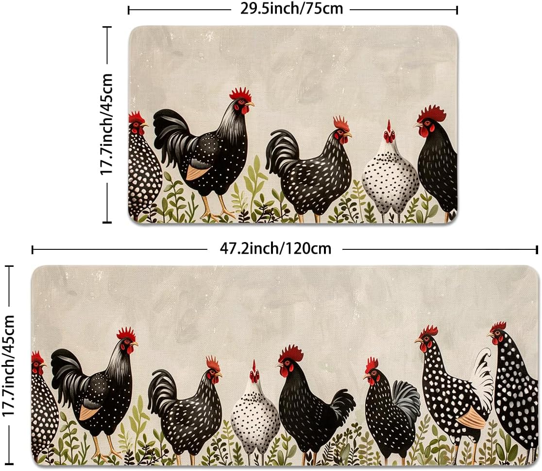 Farmhouse Kitchen Rug Set with Rubber Backing, Rooster Chicken Pattern, Non-Slip, Fade Resistant, 17x47 Inch, 2 Piece, Farmhouse Style