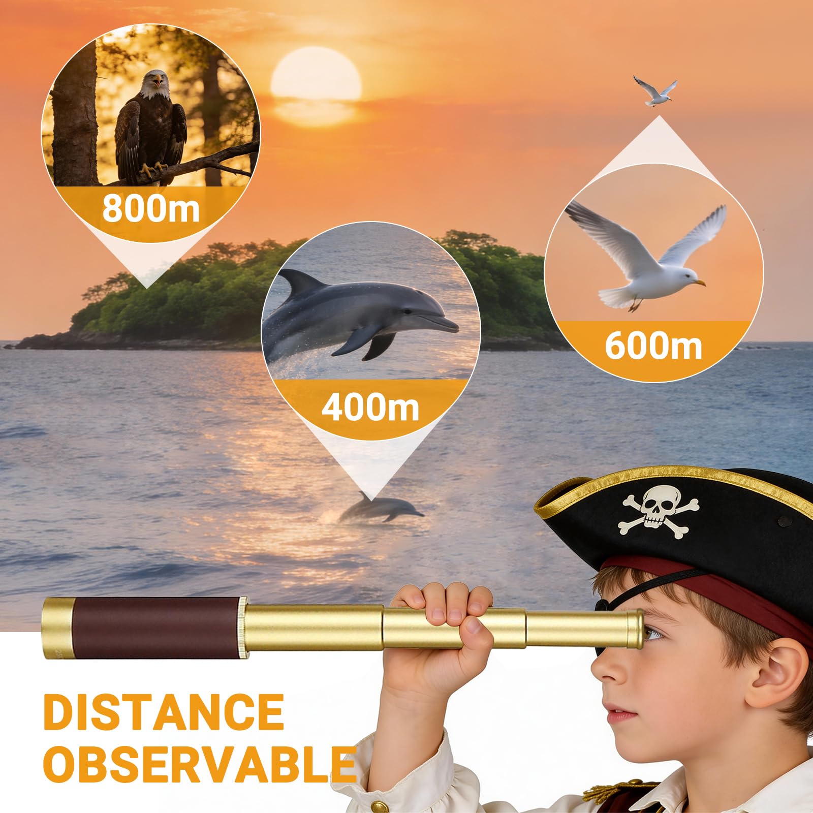Télescope Pirate Rétro Monoculaire Zoomable avec Carte au Trésor 25x30 Vintage Longue Vue Enfant Lentille BAK-4 Imperméable Mini Télescope avec Boussole pour Camping Observation des Oiseaux